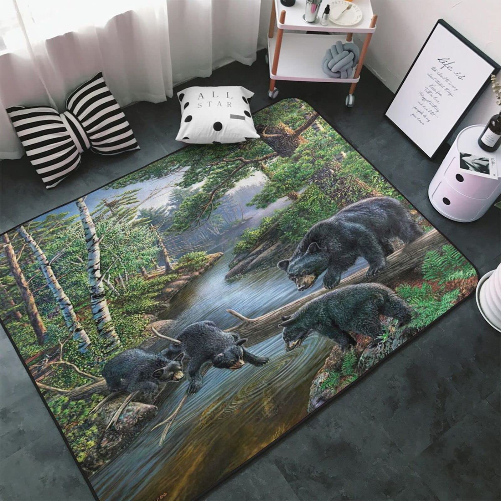 Soft Washable Forest Animal Black Bear Area Rug 5' x 7' - Cozy Nursery Decor for Boys & Girls, Perfect for Bedroom, Living Room & Playroom - Eco-Friendly Kids Room Carpet with River Stream Design