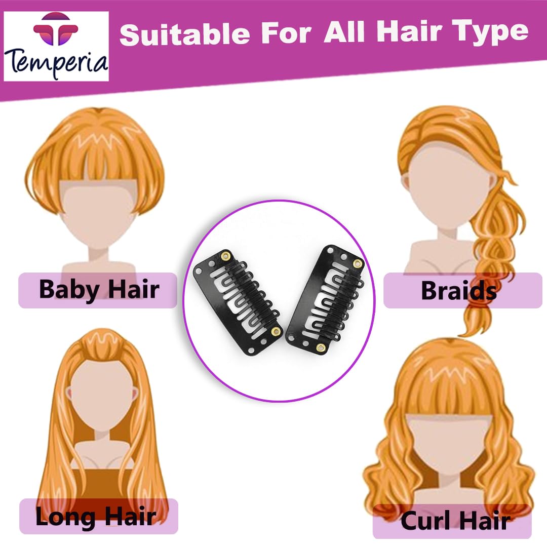 TEMPERIA 50 Pcs Hair Extension Clips for Women & Men - Black Snap Wig Clips (3.4 cm) - Secure Hair Patch Attachments for Daily Styling, Cosplay & Costume Parties