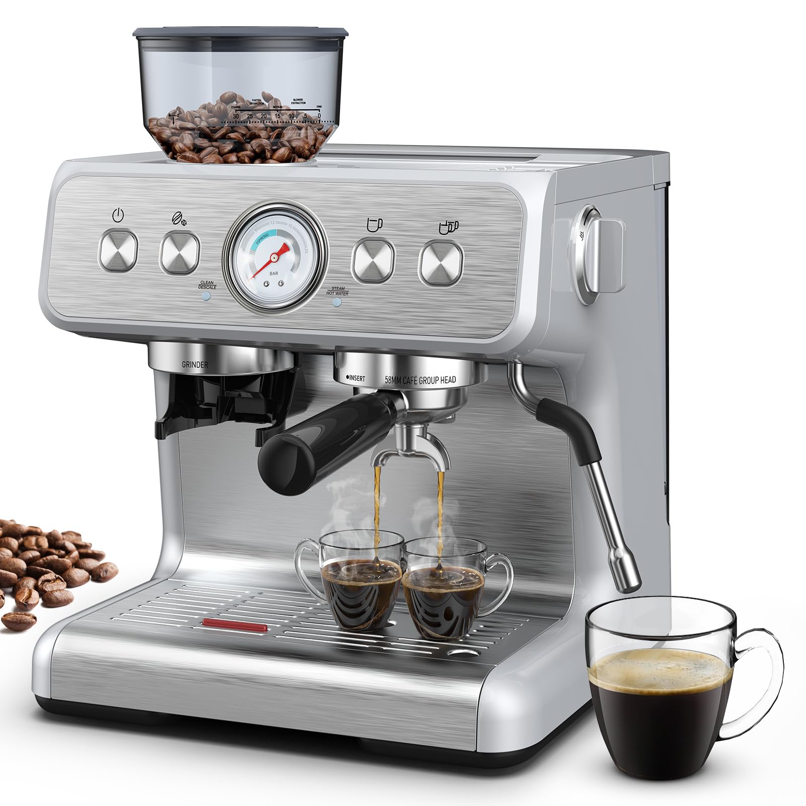 Kndko 15 Bar Semi-Automatic Espresso Machine with Milk Frother & Grinder - Stainless Steel Detachable Water Tank - Perfect for Latte & Cappuccino - Ideal for Home Coffee Bar & Office Use