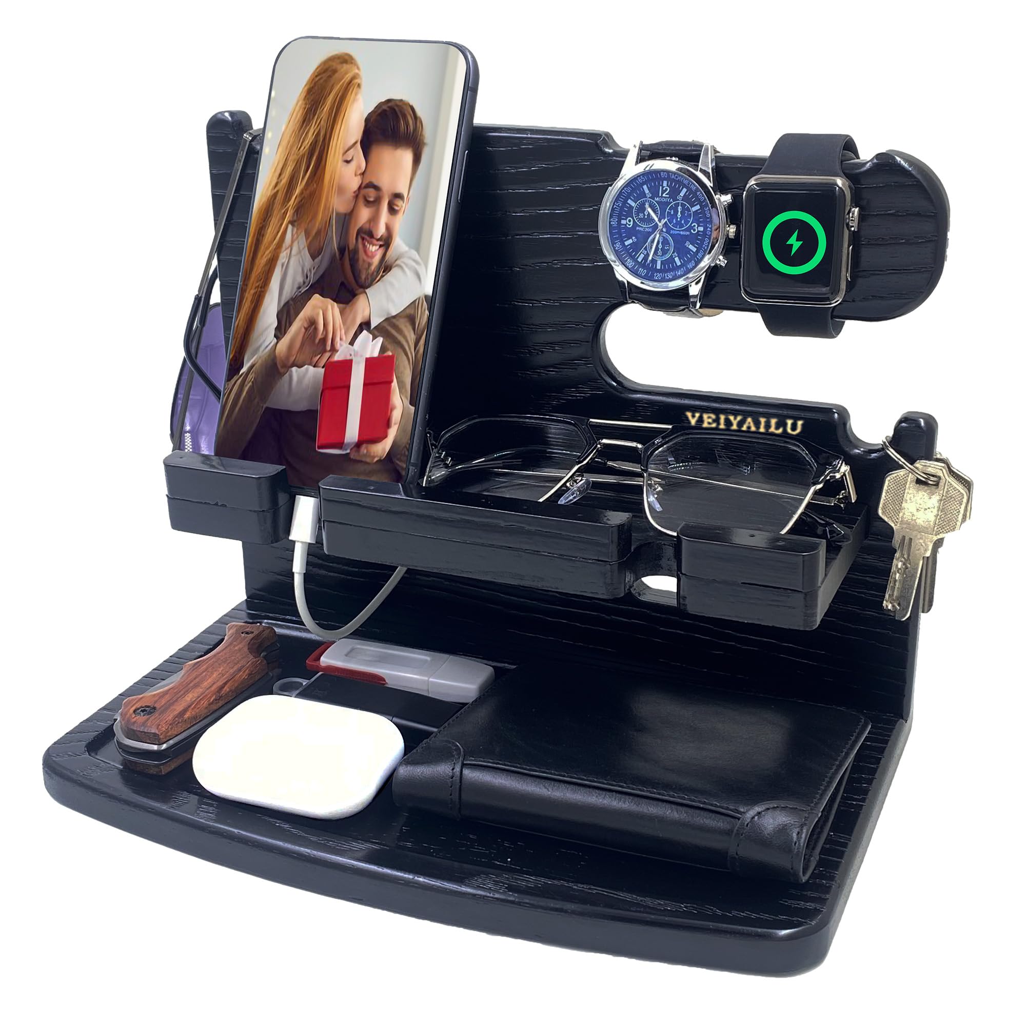 Wooden Nightstand Organizer & Phone Dock Station - Perfect Gift for Men, Dad, Husband, Boyfriend - Birthday, Anniversary, Father's Day Present - Ideal for Bedside, Office, or Travel (Black)