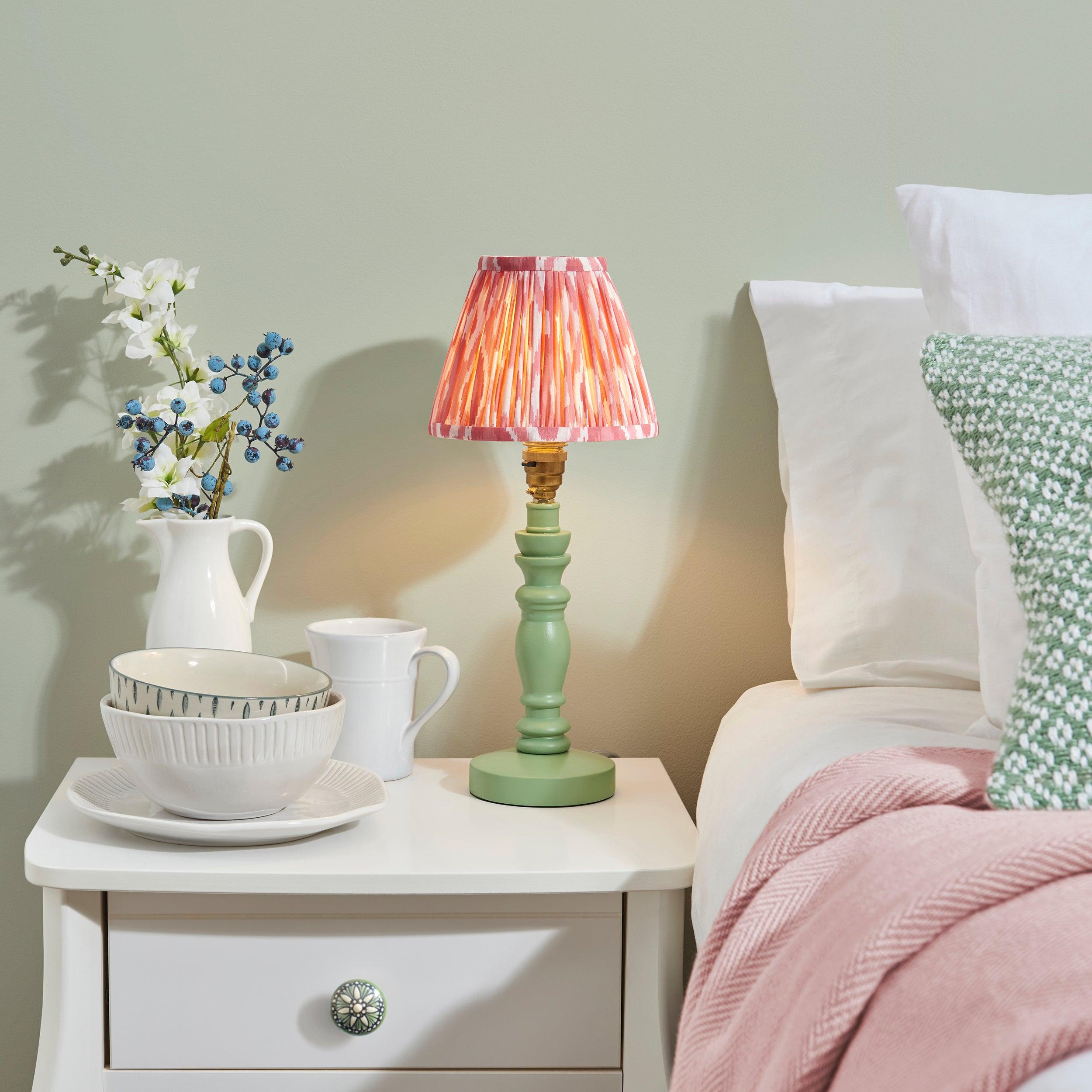 Bibury Green Table Lamp with Ikat 16cm Coral Pink Shade - Modern Home Office & Bedroom Lighting Decor