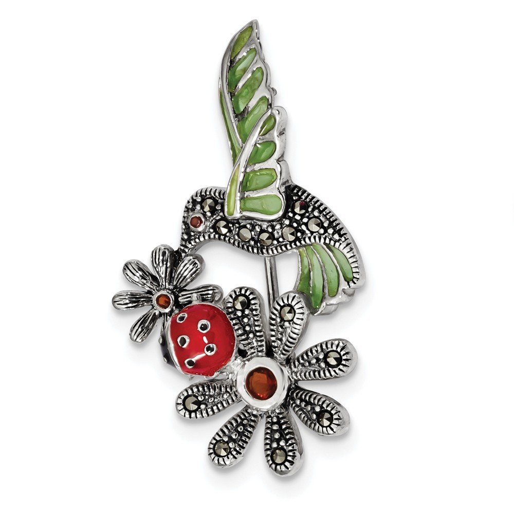 Vintage Sterling Silver Ladybug Flower Brooch with Antiqued Epoxy, Marcasite & Red Glass - Perfect for Jackets, Scarves, Vintage Fashion & Gift Giving