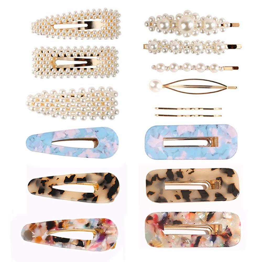 15 Pcs Pearl Hair Clips Set - Leopard Print Acrylic Resin Hair Barrettes with Jeweled Decor for Women & Girls | Hair Styling Accessories for Parties, Weddings & Everyday Use by FUNZON