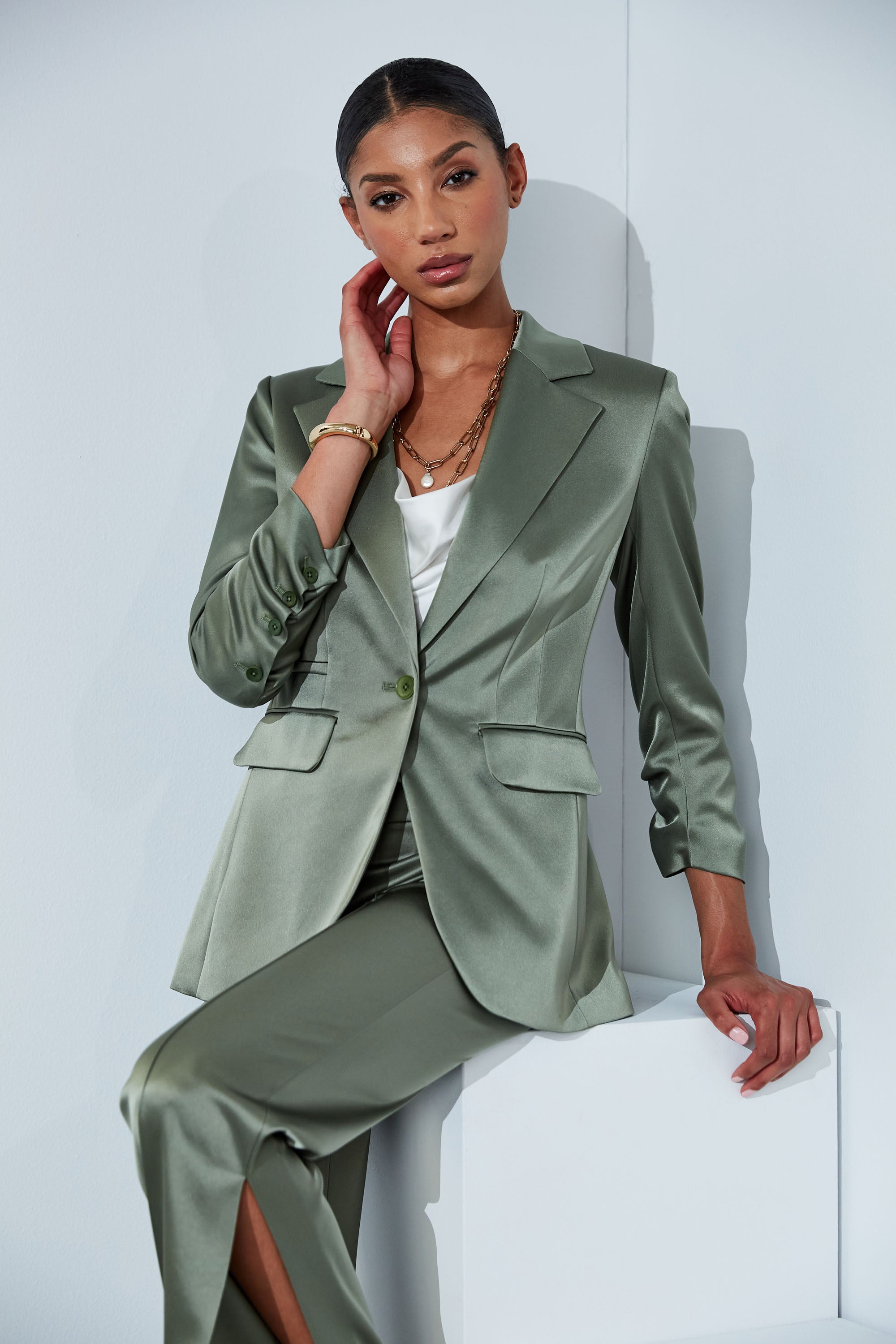 Elegant Satin Ruched Sleeve Blazer for Women - Office Wear, Party Outfit & Formal Occasions