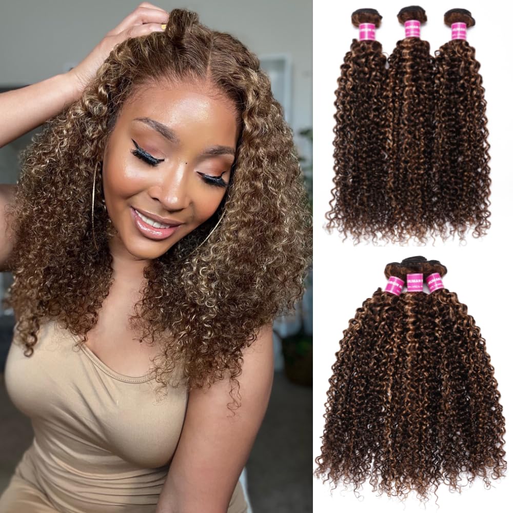 Julia Hair Highlight Honey Blonde 12A Brazilian Curly Human Hair Weave Extensions - 3 Bundles (14/16/18 Inch) for Sew-in, Jerry Curly Style - Perfect for Daily Wear, Parties & Special Occasions