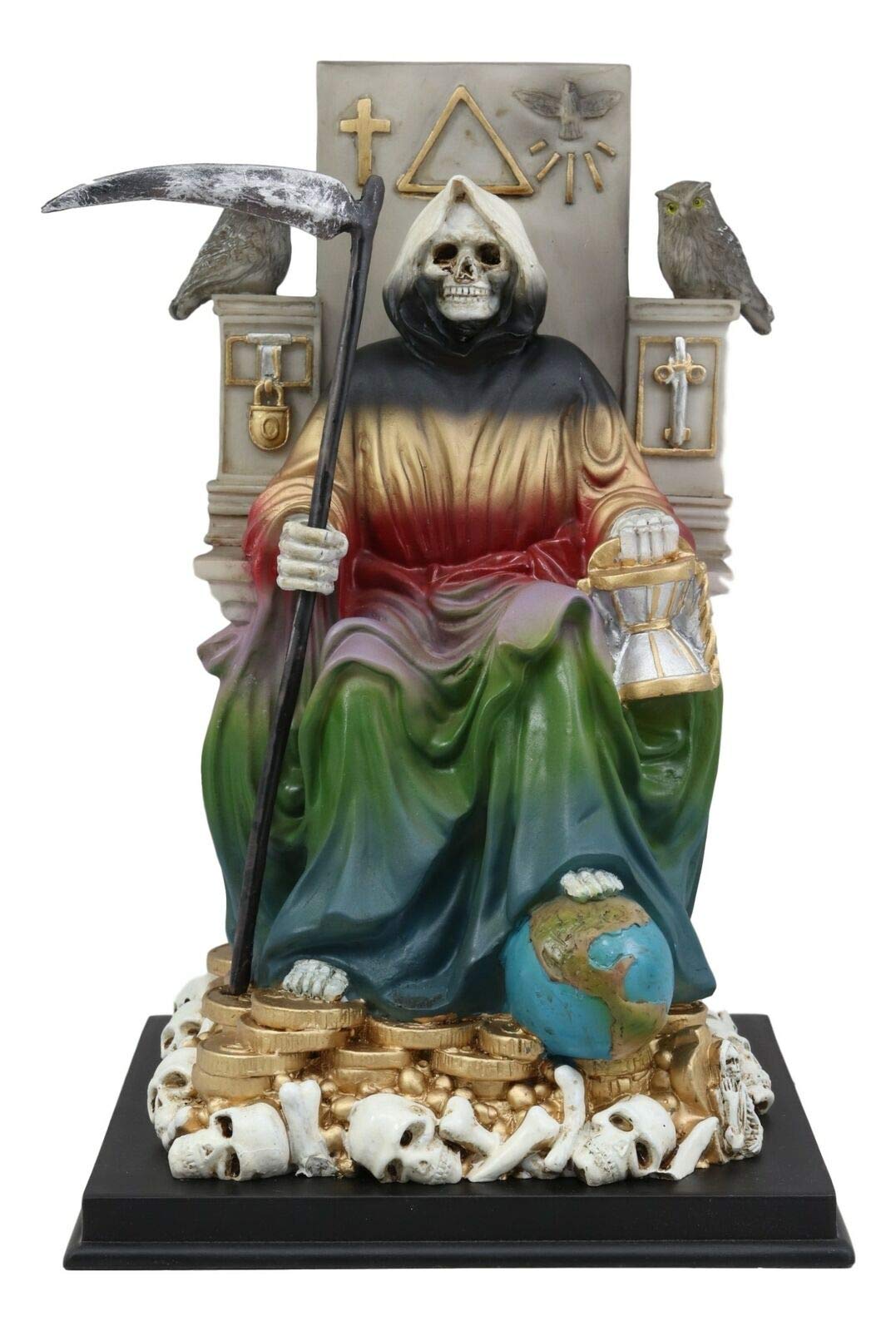 Rainbow Santa Muerte On Throne Figurine - Colorful Mexican Folk Art Statue for Home Altar Decor, Spiritual Protection & Day of the Dead Celebration
