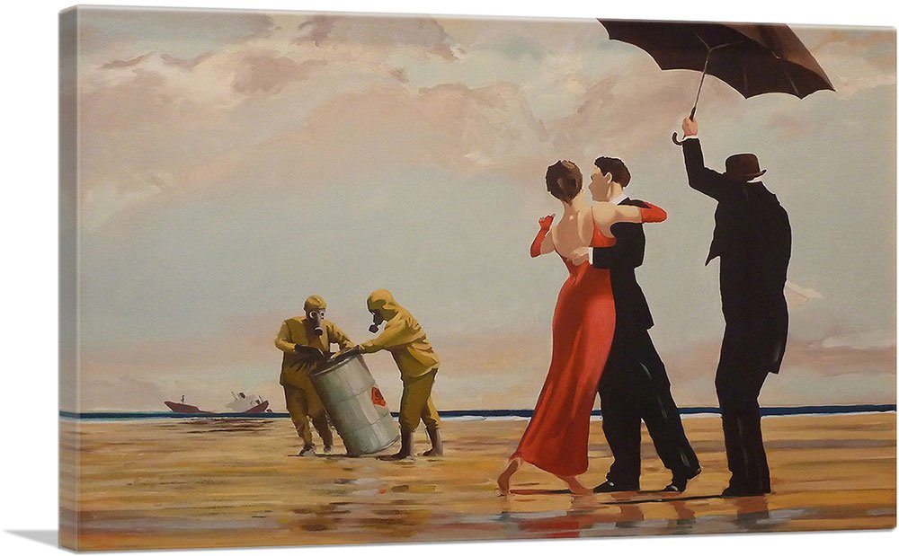 Banksy Toxic Beach Crude Oil Canvas Art Print - 40x26 Inch Framed Wall Decor, Stretched Giclee Painting, Dancing Butler Poster - Perfect for Living Room, Office & Modern Home Decor