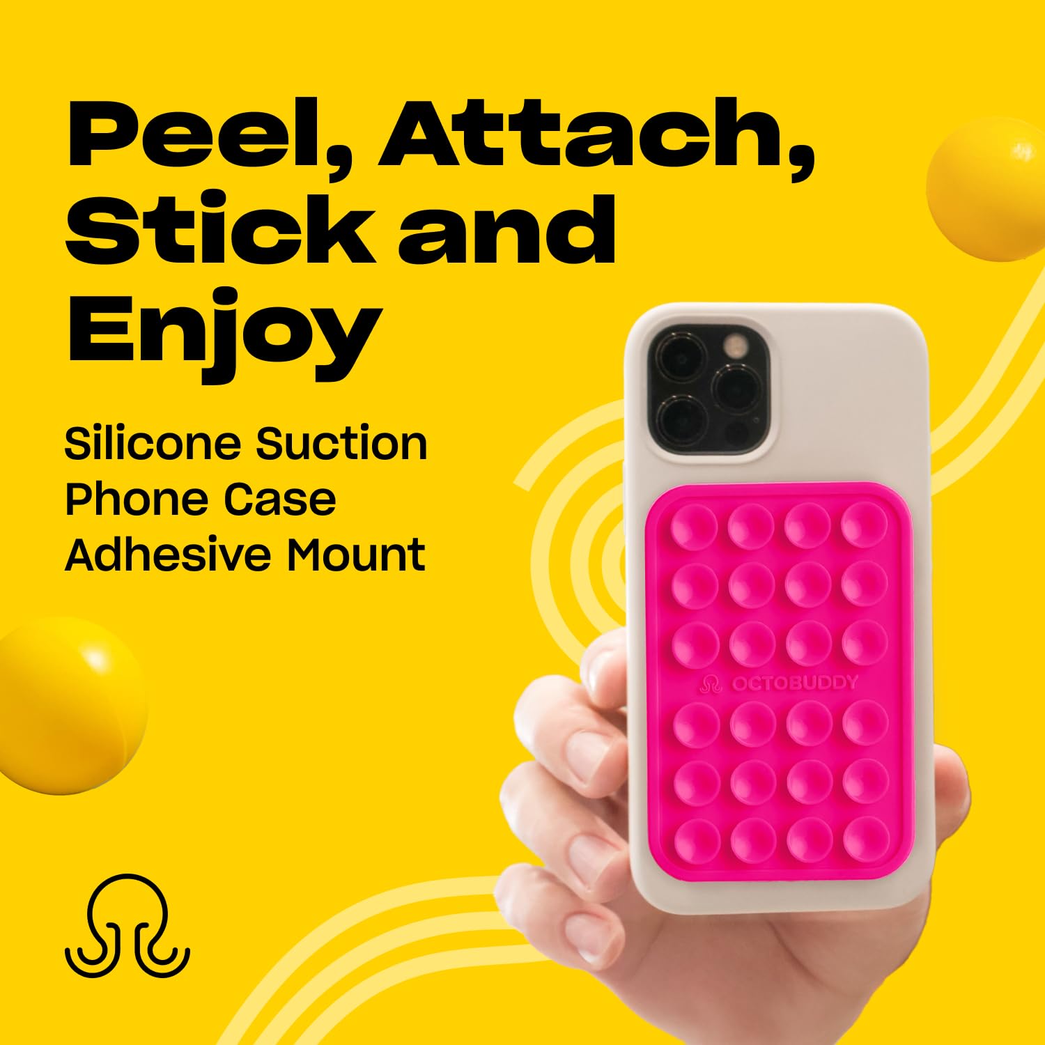 OCTOBUDDY MAX Silicone Suction Phone Case & Adhesive Mount - Hands-Free, Strong Grip Holder for Selfies, Videos, and Driving - Durable, Easy to Use - iPhone & Android Compatible - 2.6″ x 3.9″, Hot Pink