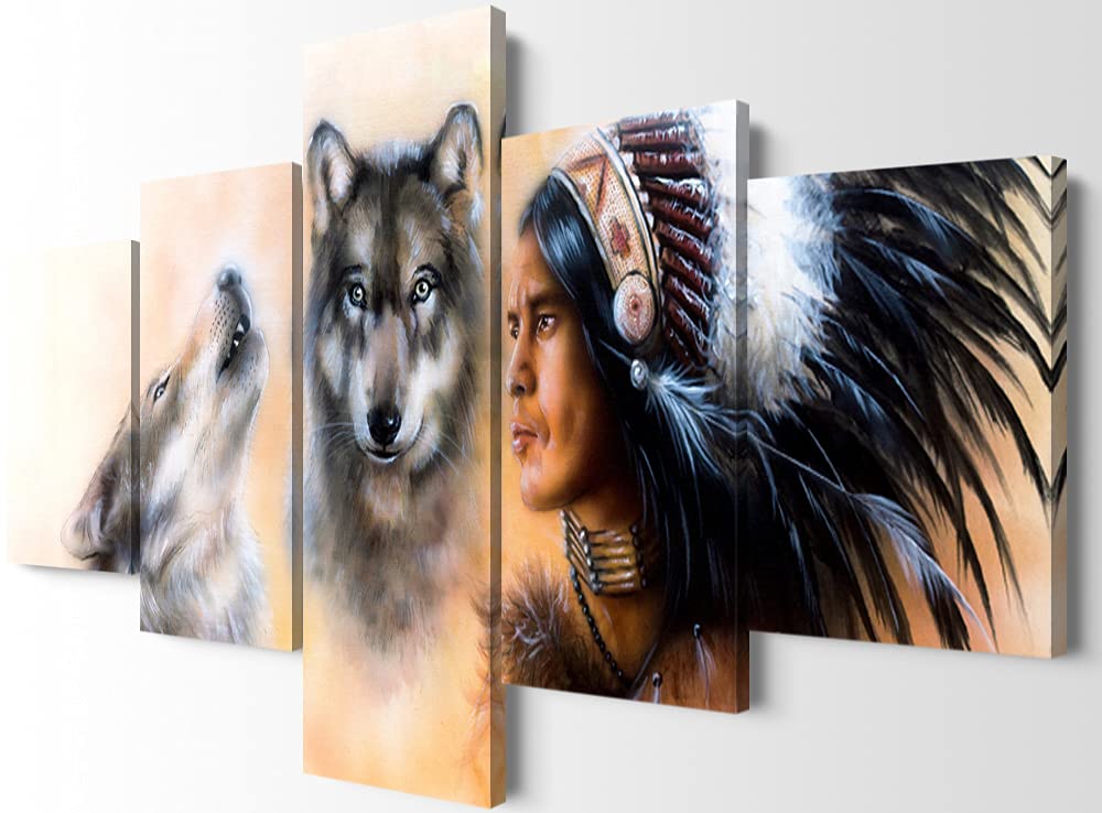 5-Piece Native American Wall Art Set - Indian Chief with Wolves Poster, Tribal Decor for Bedroom & Living Room - 70''W x 40''H Canvas Prints - Perfect for Southwest, Boho & Western Home Decor