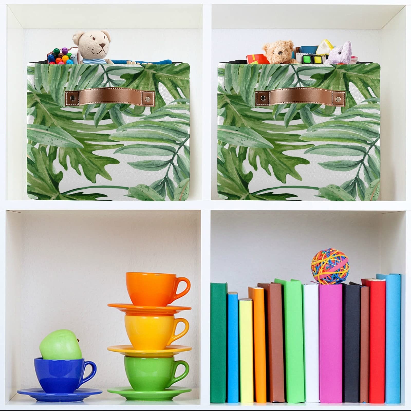Susiyo Large Foldable Storage Bin - Green Tropical Leaves Fabric Collapsible Basket with PU Handles | Decorative Organizing Bin for Shelves, Closet, Bedroom & Living Room | Perfect for Home Organization, Laundry Storage & Toy Collection (1-Pack)
