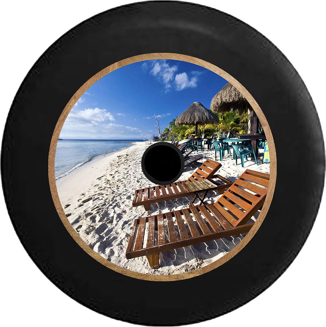 JL Spare Tire Cover for 2018-2021 Jeep Wrangler with Rear Camera Hole - 33 Inch Waterproof Beach-Themed Design - Perfect for Ocean Vacations, Tiki Huts & Outdoor Adventures