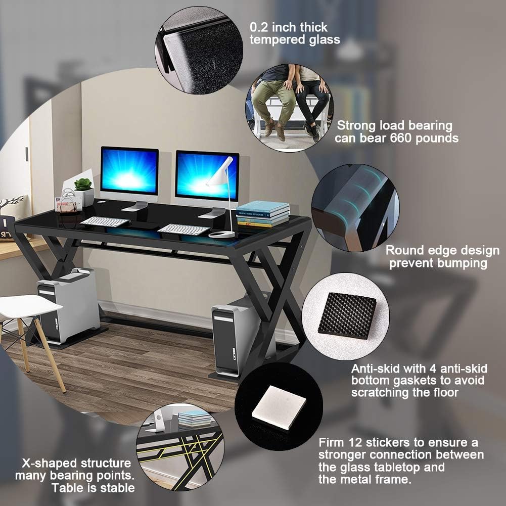 Modern Glass Computer Desk with Metal Frame - 55.1