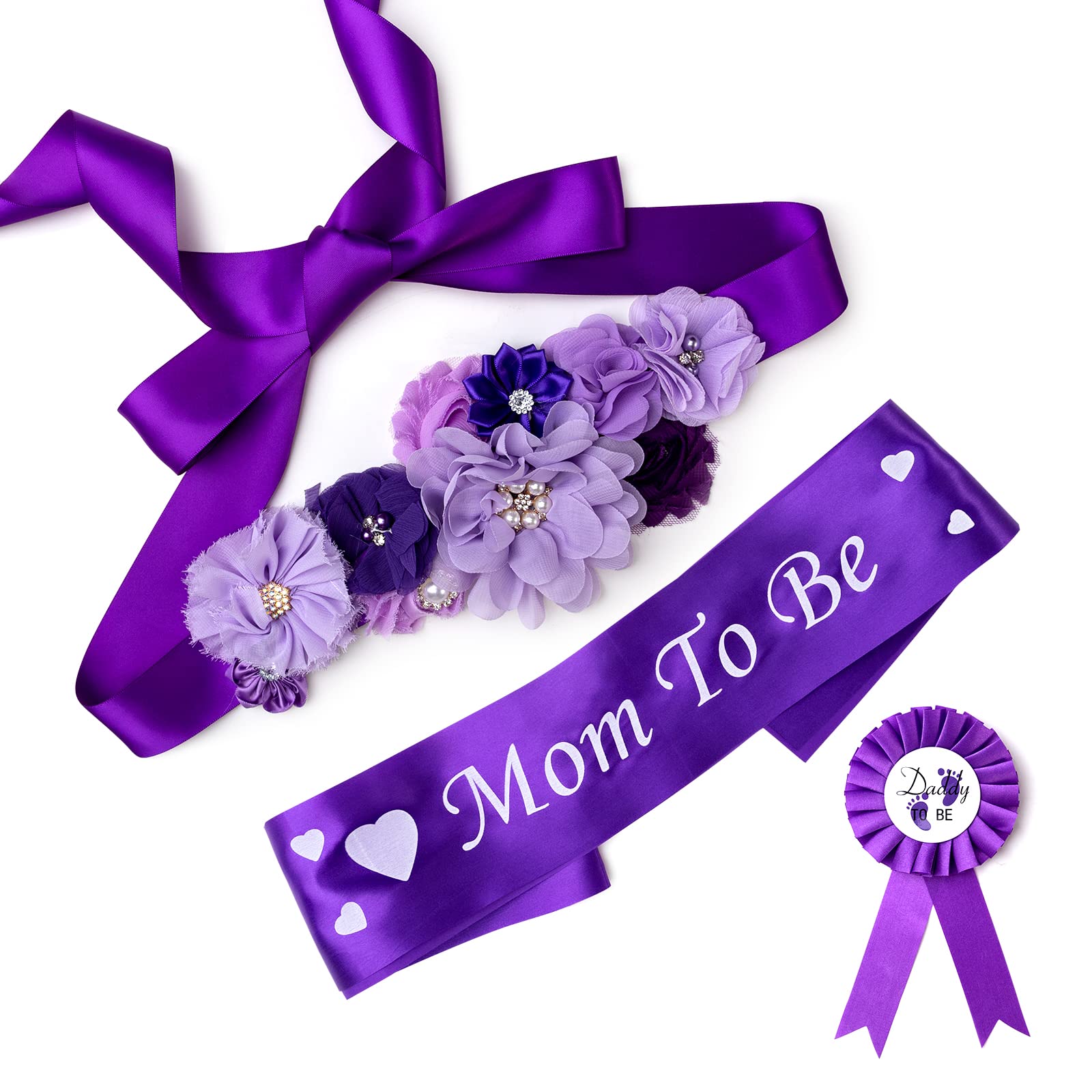 Mom to Be Sash & Daddy to Be Corsage Pin - Baby Shower Decorations, Maternity Dress Flower Belt & Pregnancy Photo Props - Gender Reveal Party Supplies & Gifts for Expecting Parents - Perfect for Baby Showers, Maternity Photoshoots and Gender Reveal Parties