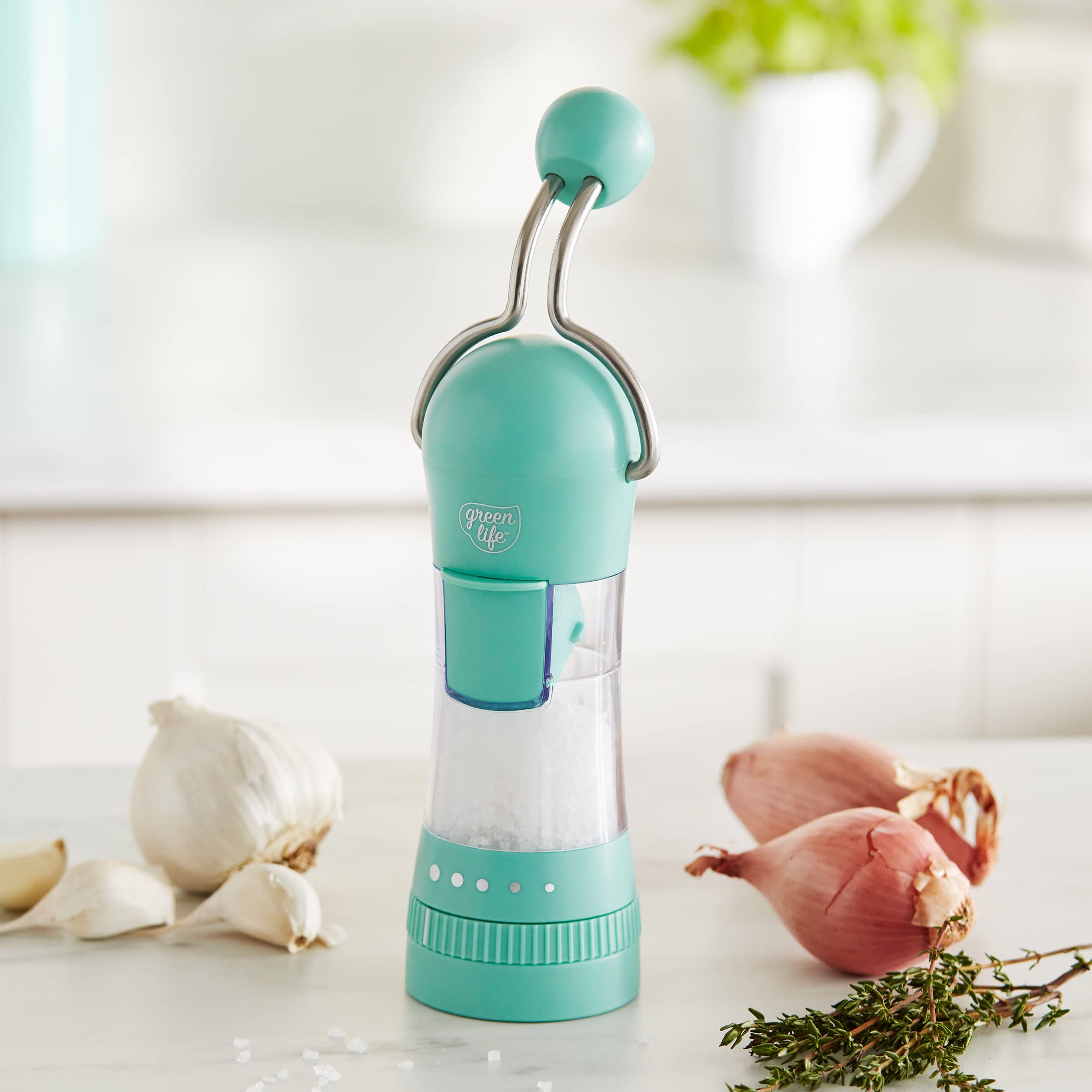 Premium GreenLife Ratchet Mill - Adjustable Salt and Pepper Grinder with Mess-Free Design | Easy Refill & No-Twist Grinding | Ergonomic Kitchen Tool for Seasoning & Spices | Perfect for Cooking, Dining & Gourmet Meal Preparation (Turquoise)