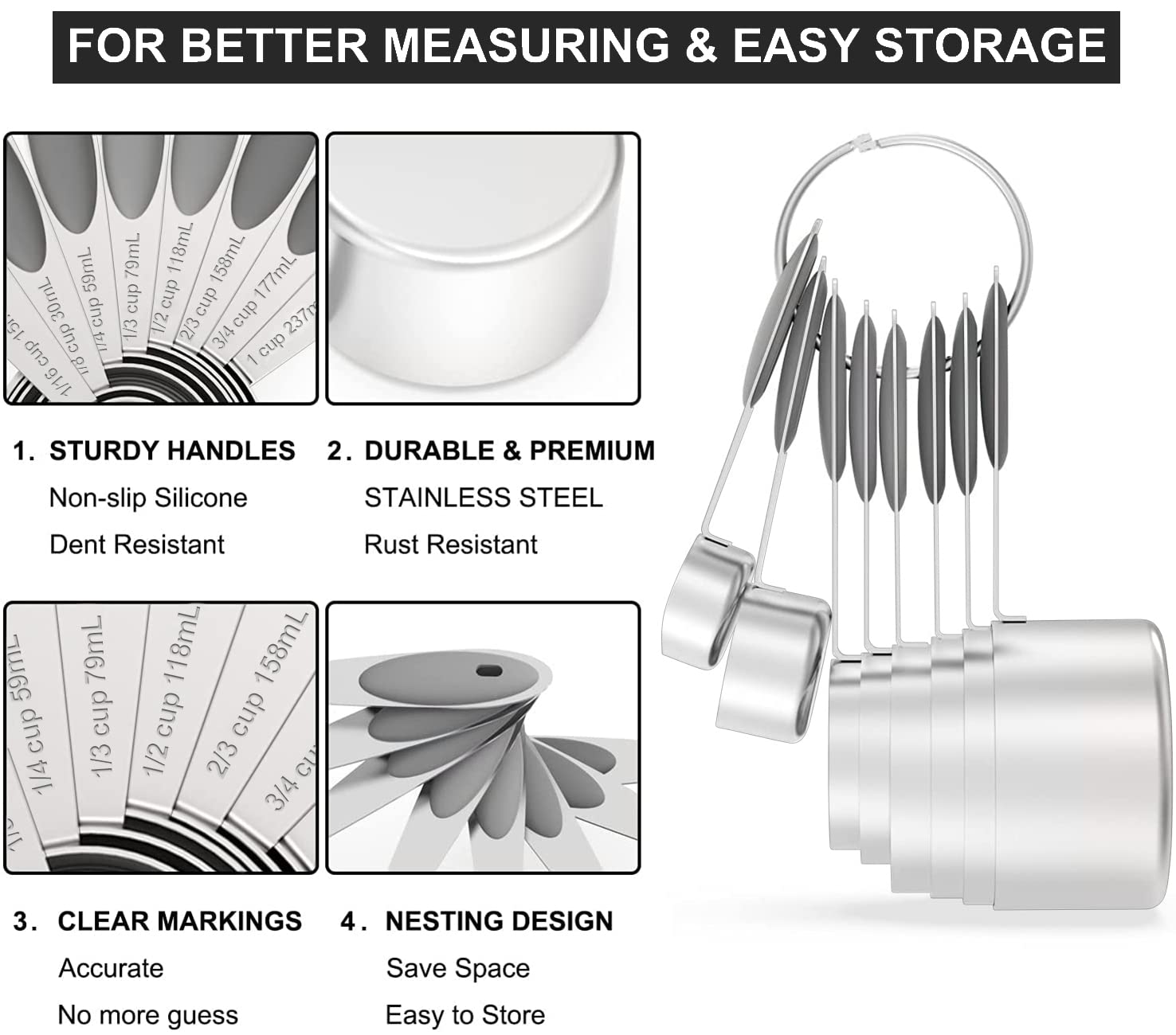 Wildone 16-Piece Stainless Steel Measuring Cups and Spoons Set with Gray Silicone Handle - 8 Nesting Cups & 8 Spoons for Dry & Liquid Ingredients - Perfect for Baking, Cooking, and Meal Prep