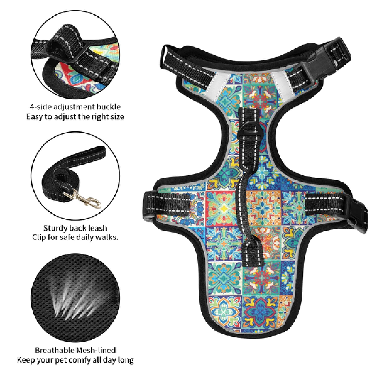 Mexican Talavera Dog Harness - No Pull Pet Vest with Reflective & Breathable Design for Small & Medium Dogs - Nylon Handle for Easy Control - Perfect for Walking, Running & Outdoor Adventures