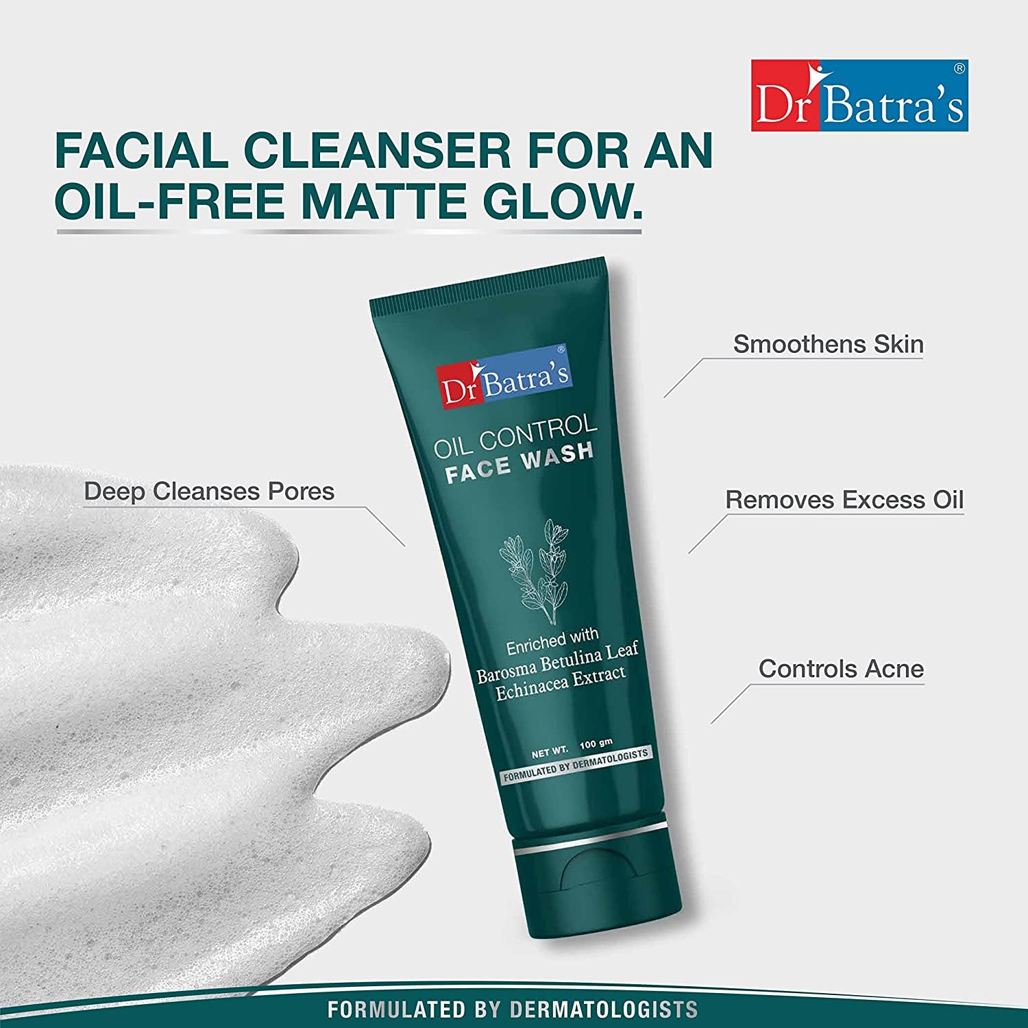 Dr Batra's Oil Control Face Wash - Sulphate, Silicone & Soap Free with Barosma Betulina & Echinacea Extract for Oily & Clear Skin (100g) - Perfect for Daily Skincare Routine & Acne-Prone Skin