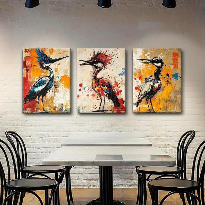 3-Piece Abstract Bird Metal Wall Art with Vibrant Feathers & Bold Brushstrokes - Ready to Hang Canvas Prints for Living Room, Bedroom & Office Decor