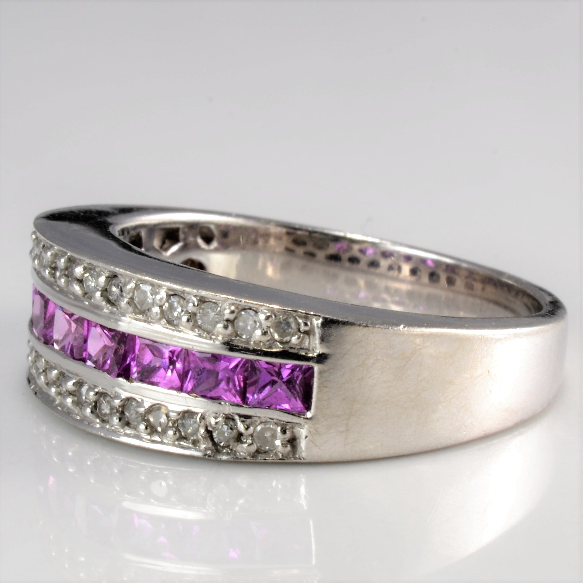 Triple Row Diamond & Pink Topaz Wide Band Ring - 0.20 Carat Total Weight - Size 8 - Perfect for Engagement, Anniversary & Special Occasion Gifts