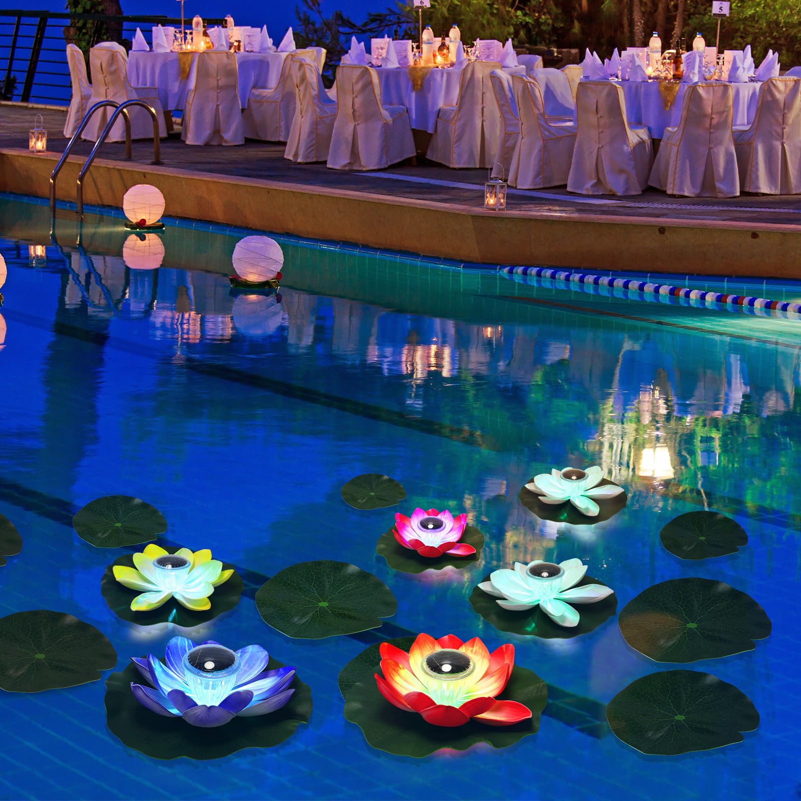 16 Pack Solar Lotus Pond Lights - Waterproof Floating LED Solar Lights with Lily Pads for Garden, Pool, Patio | Outdoor Decor for Night Parties, Swimming Pools & Water Features