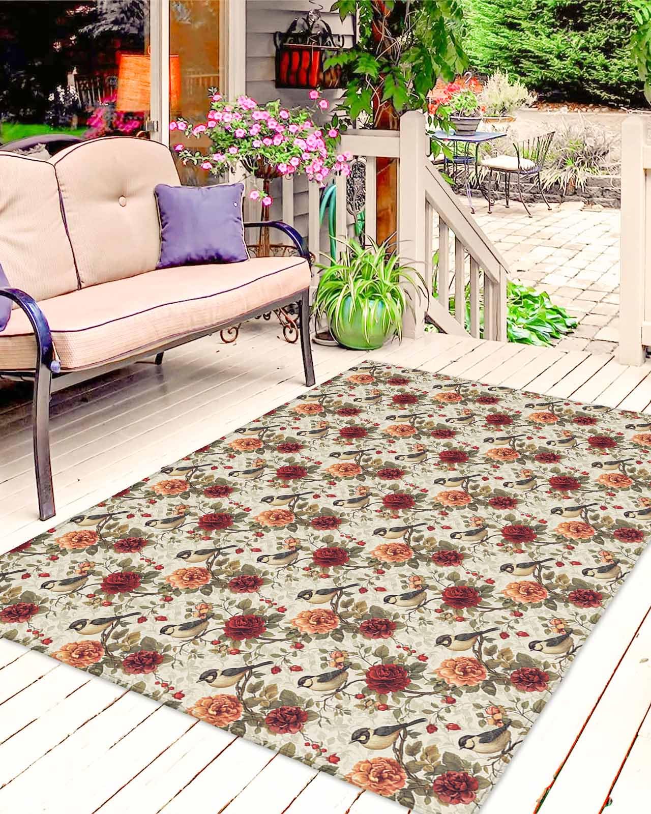 Vintage Botanical Outdoor Rug 6x9 Ft - Non-Slip Reversible Large Area Rug for Patio, Deck, Porch - Washable Red Orange Spring Floral Summer Birds Design - Perfect for Indoor/Outdoor Use in Living Room, Garden or Balcony