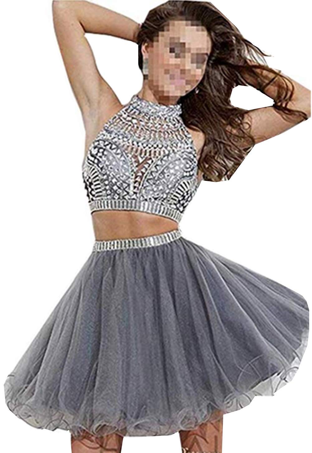 Snow Lotus Women's Two-Piece Gray Rhinestone High Neck Short Prom Gown for Homecoming, Cocktail Party & Evening Events