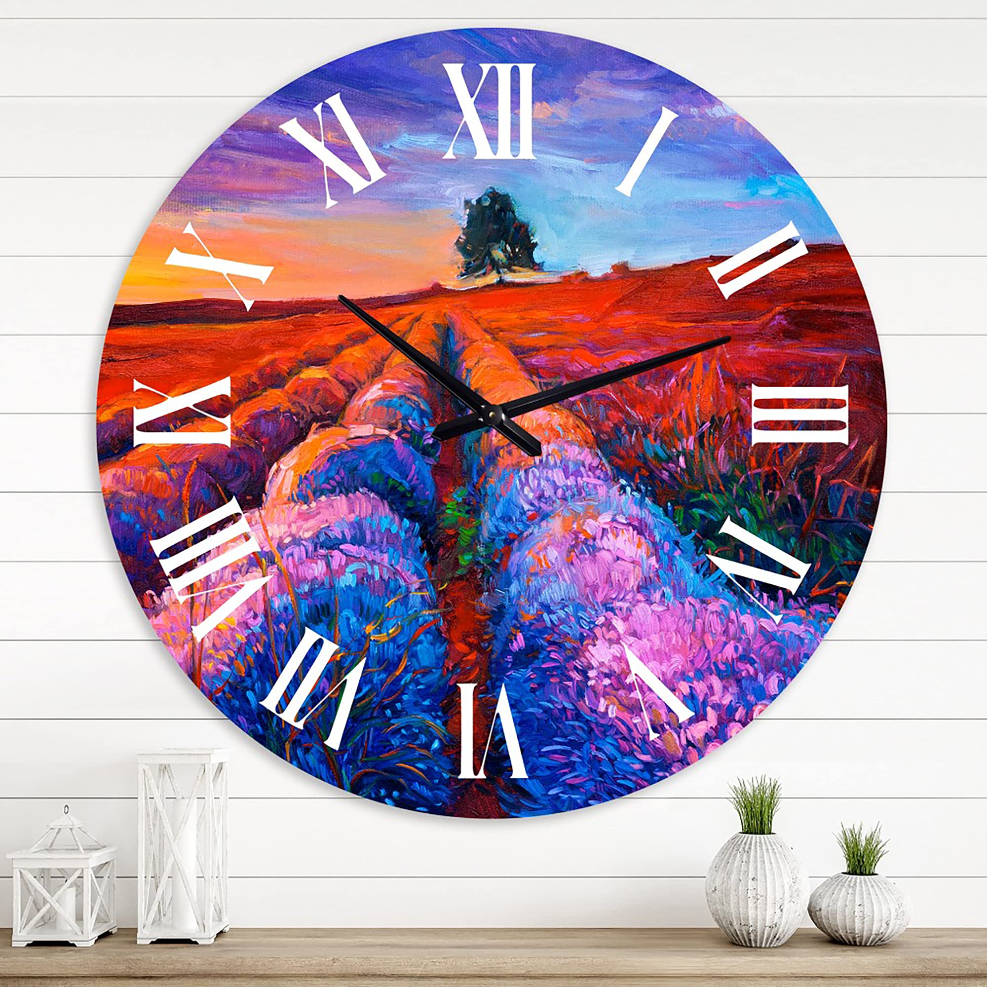 DesignQ Farmhouse Wall Clock - Large Lavender Fields Landscape with Distant Tree & Sunset Glow - Rustic Home Decor Clock for Living Room, Bedroom & Office