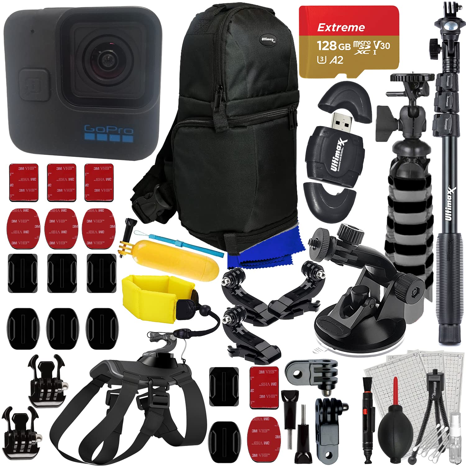 Ultimaxx Advanced GoPro HERO11 Black Mini Bundle with 128GB MicroSDXC - Complete Action Camera Accessories Kit for Outdoor Sports (31pc Set) - Includes Pet Harness Mount, Monopod, Helmet Mount & Mini Tripod - Perfect for Hiking, Cycling, Surfing & Adventure Travel