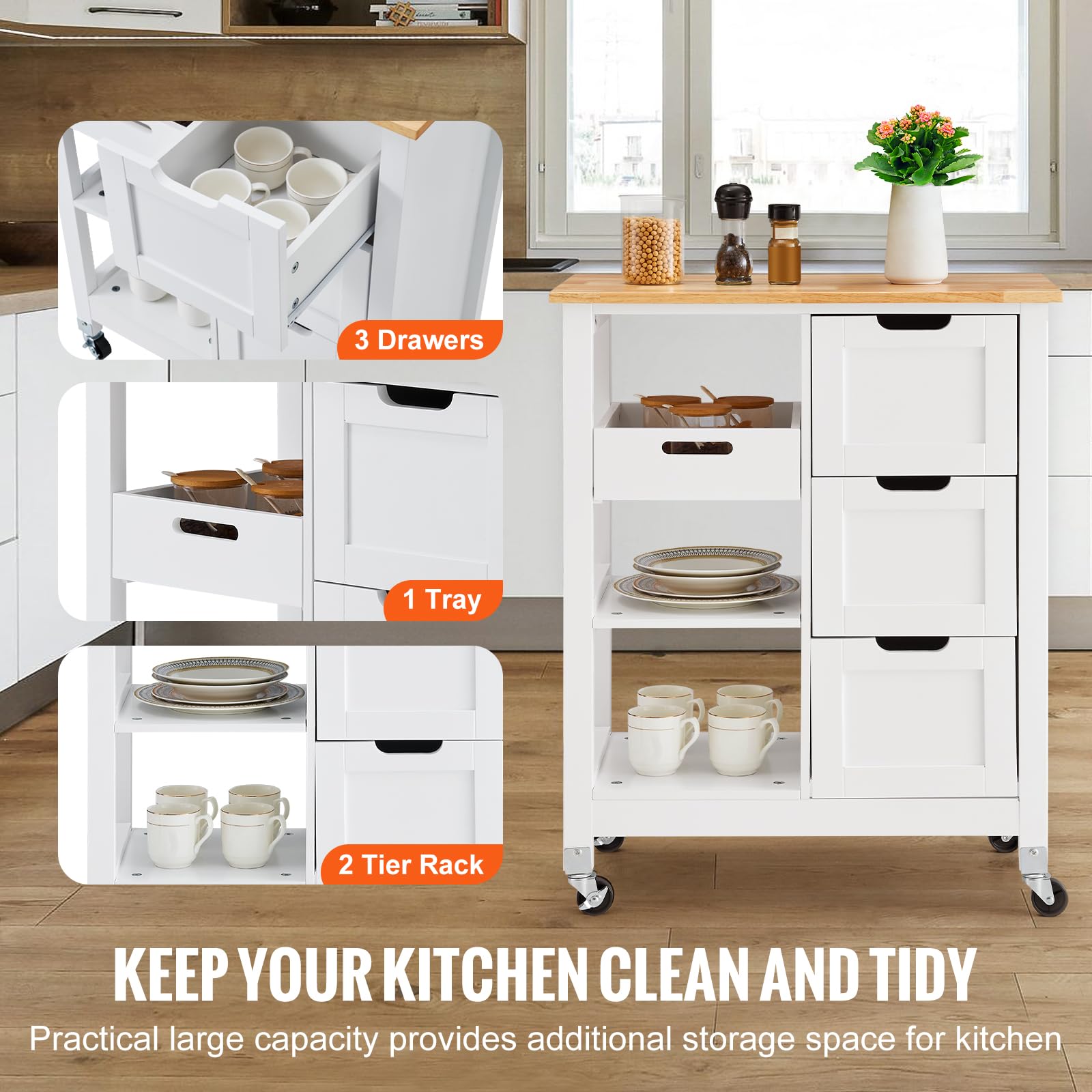 VEVOR White 26-inch Rolling Kitchen Island Cart with 3 Drawers & Shelves, Wood Top Mobile Breakfast Bar - Perfect for Dining, Kitchen, Living Room & Farmhouse Style Homes | Space-Saving Storage Solution for Small Kitchens & Entertaining Guests