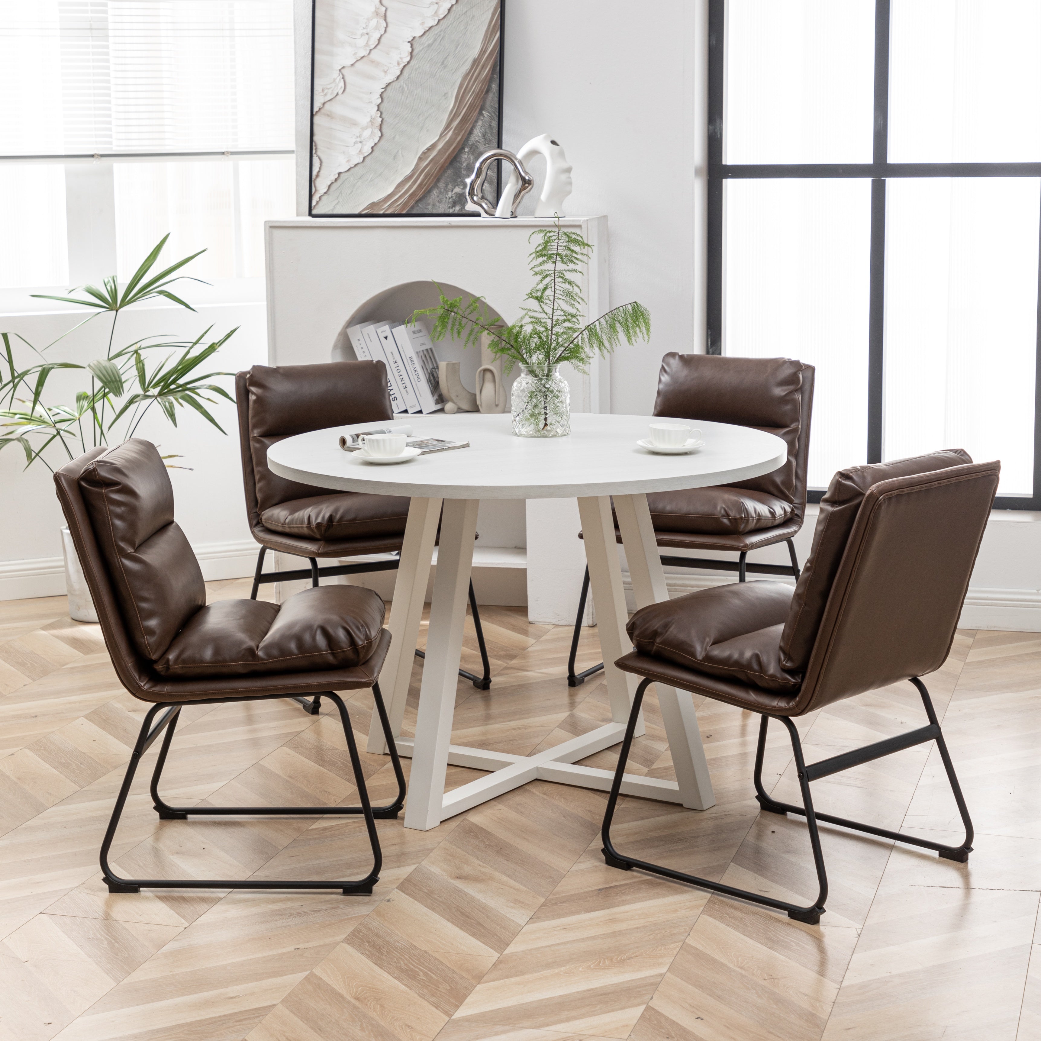 Roundhill Furniture Innes 5-Piece Round Dining Set with Trestle Table & 4 Stylish Chairs - Perfect for Small Spaces, Breakfast Nooks & Cozy Family Meals