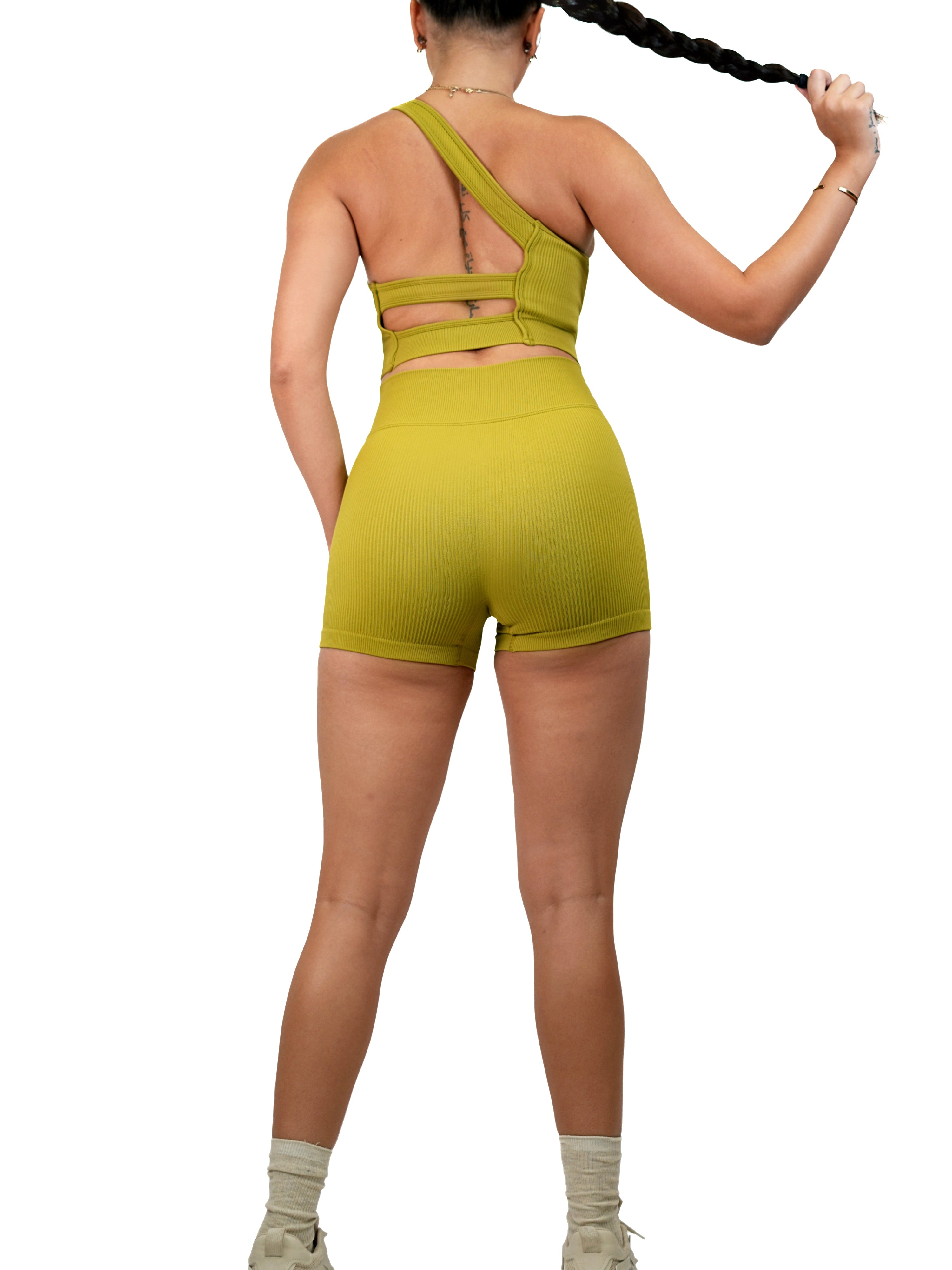 Ribbed Booty V Shorts for Women - High Waisted Yoga Shorts, Workout Shorts, Gym Shorts (Autumn Green) - Perfect for Yoga, Running, Fitness & Lounge Wear