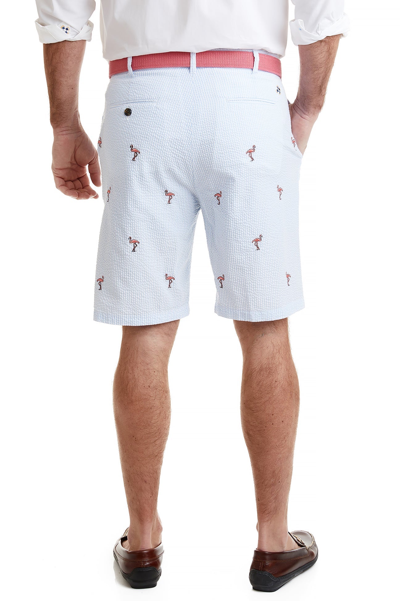 Cisco Short Stretch Twill Blue Seersucker Flamingo Print Men's Casual Shirt - Perfect for Summer Beach Outings & Tropical Vacations