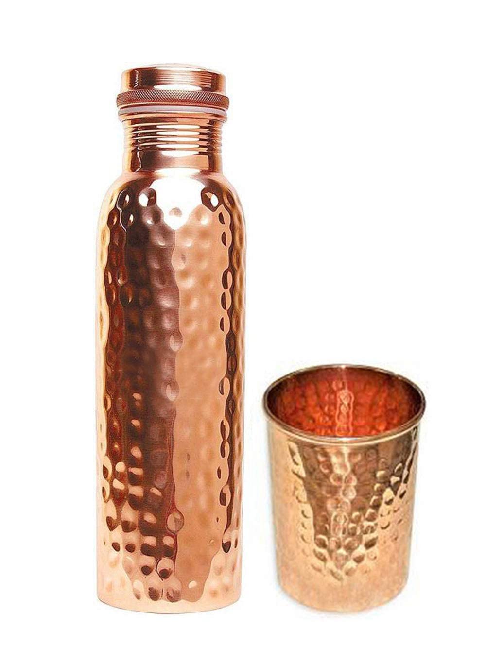 1L Hammered Copper Water Bottle & Hammered Copper Glass Vessel Set - Premium Ayurvedic Copperware for Sports, Fitness, Yoga & Daily Hydration - Perfect for Gym, Office & Outdoor Activities