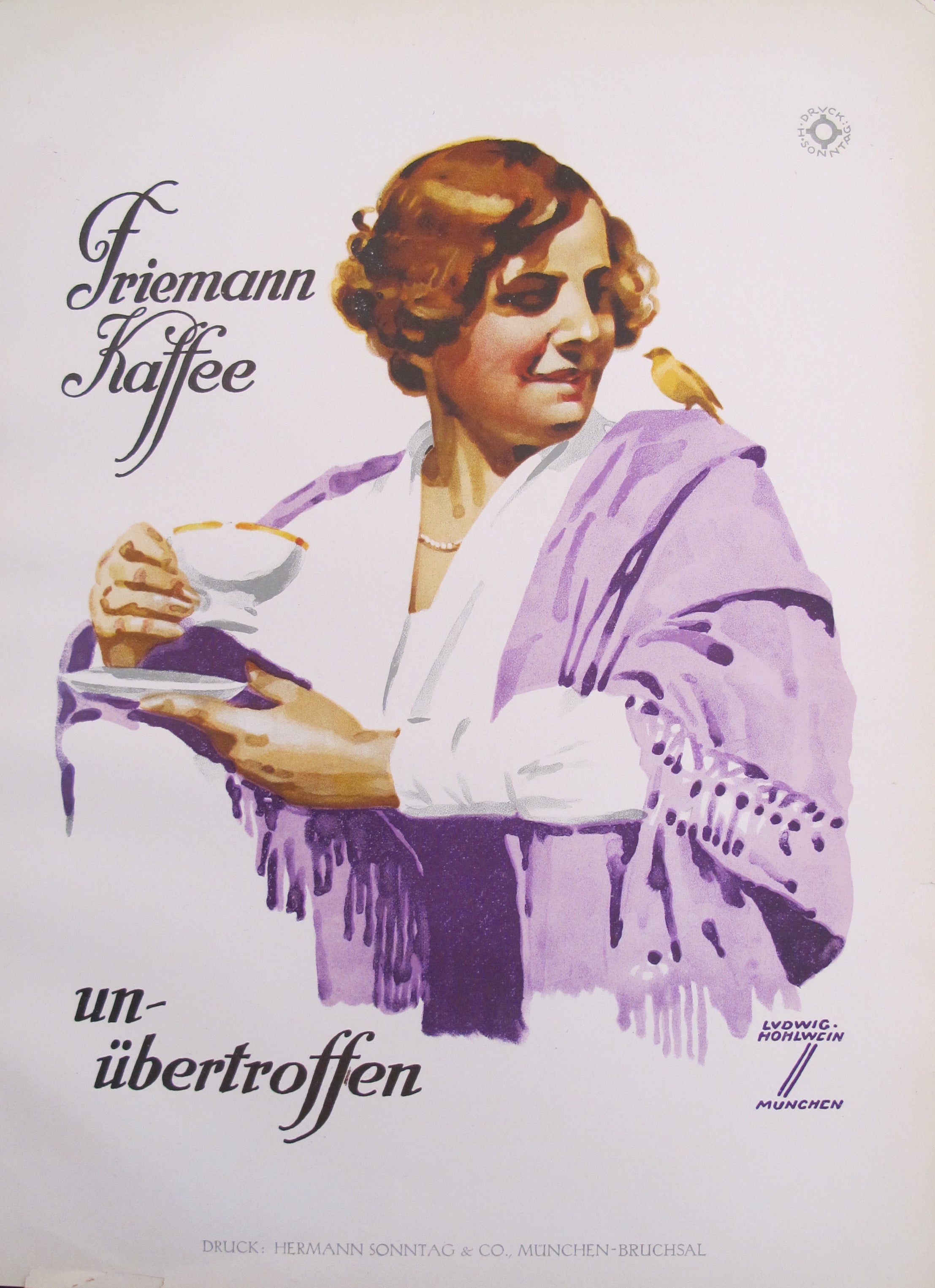 1926 Original German Art Deco Coffee Poster - Friemann Kaffee Vintage Advertisement (Purple Shawl Woman & Yellow Budgie) - Perfect for Home Decor, Office Wall Art & Vintage Collectors