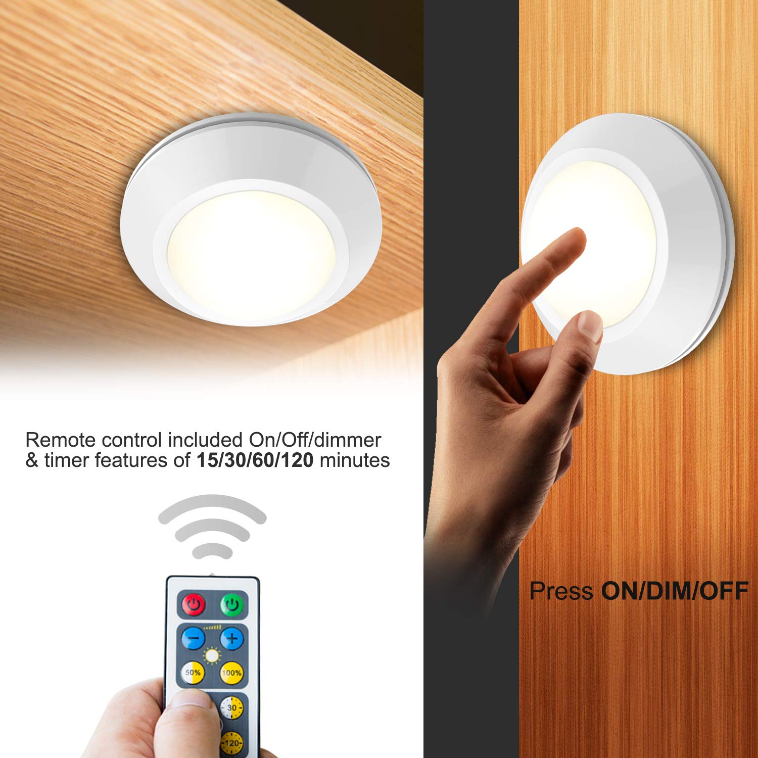 HONWELL Puck Lights with Remote - 6 Pack Cordless Battery Powered LED Closet Lights, Under Cabinet Lighting for Kitchen, Shelf, Wardrobe - Tap & Push Button Operation for Easy Use