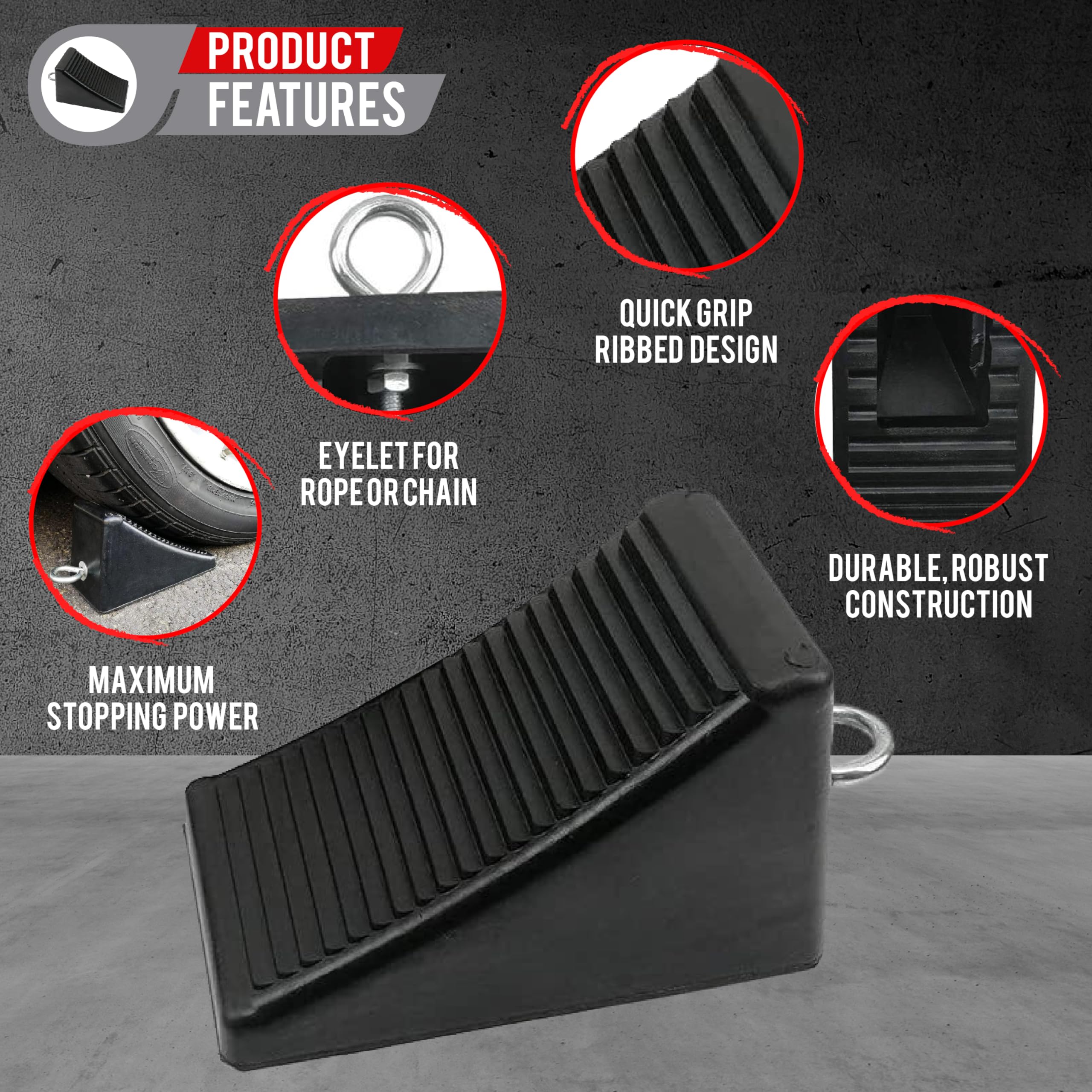AFA Tooling - Heavy Duty Wheel Chocks with Eyebolt Tie Off Handles (2 Pack) - Non-Slip RV Wheel Chocks for Front & Back Tires - Quick Grip Ribbed Design - Perfect for Campers, Trailers, RVs, Trucks, Cars and ATVs - Secure Parking on Slopes & Uneven Terrain