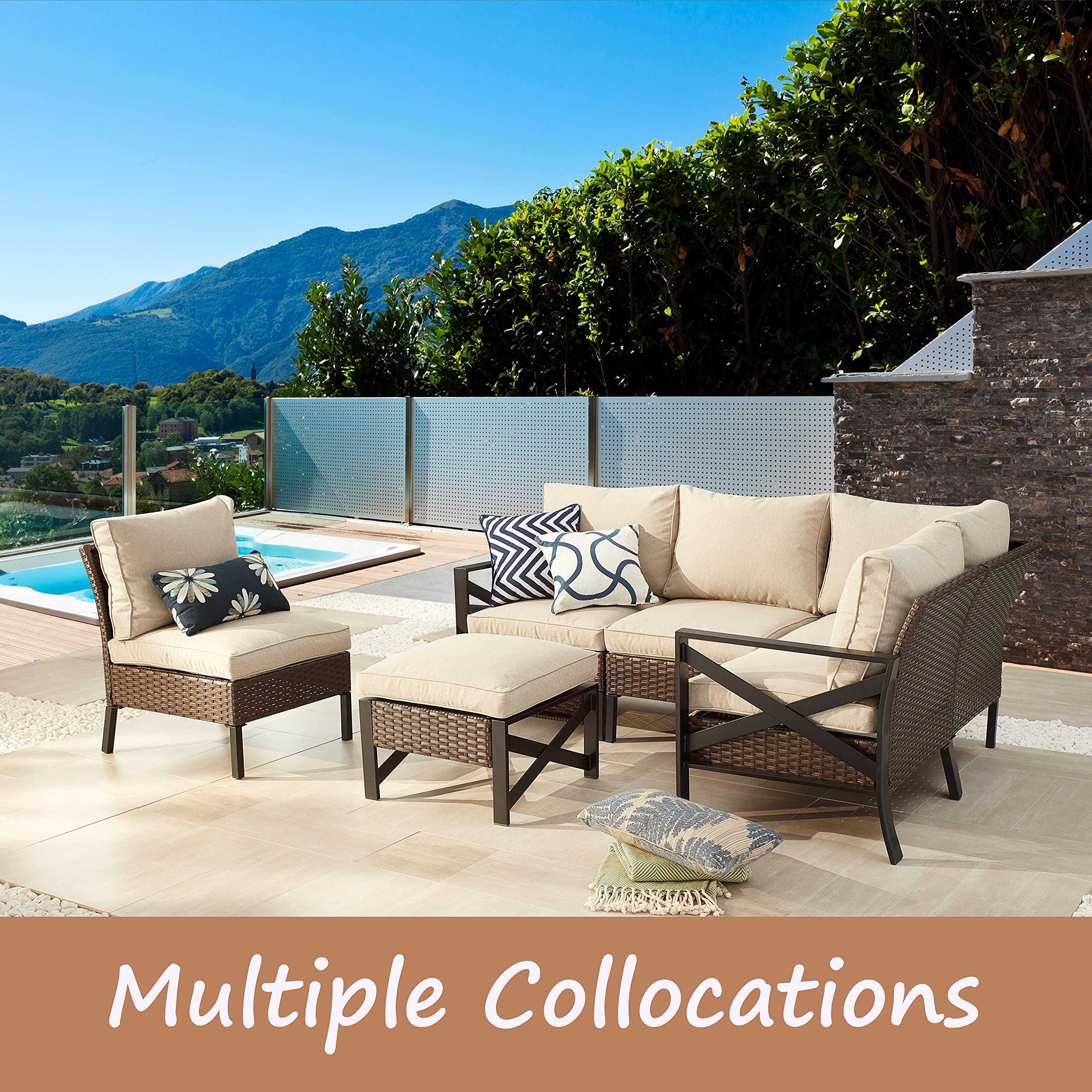 LOKATSE HOME Outdoor Metal Ottoman Patio Rattan Wicker Footstool with Cushion - Brown - Waterproof & Durable Garden Furniture for Poolside, Deck, or Backyard Relaxation