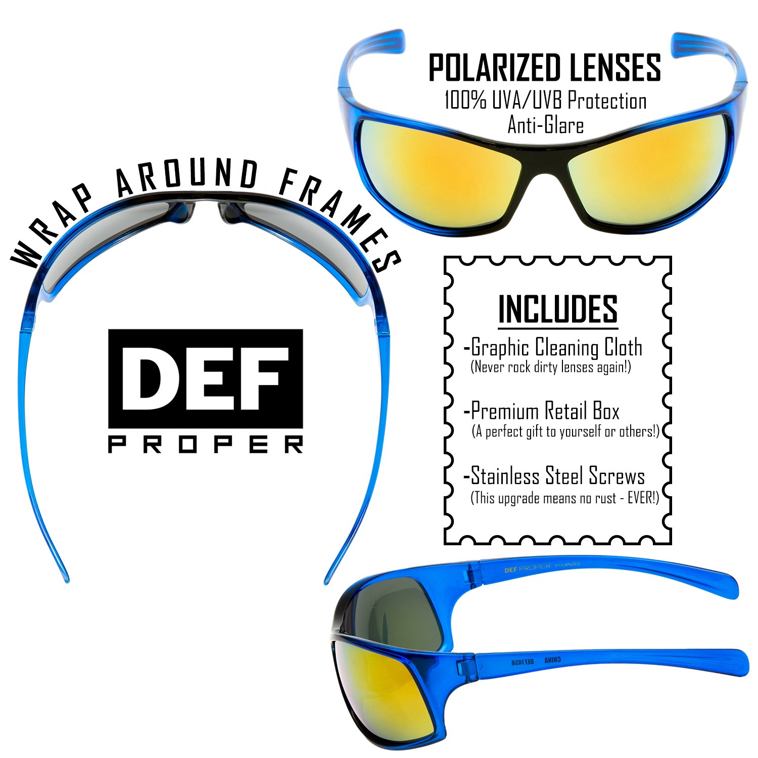 DEF Polarized Sports Sunglasses for Men & Women - UV Protection Wrap-Around Design for Running, Cycling, and Outdoor Activities