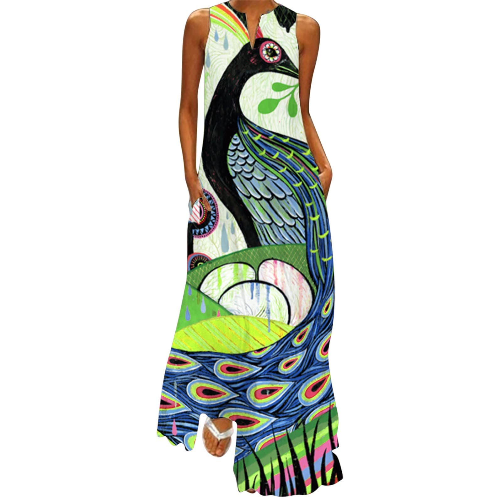 WOCACHI Women's Summer Sleeveless Bohemian Maxi Dress with Pockets - Loose Casual Long Beach Dress for Vacation, Outdoor, and Daily Wear