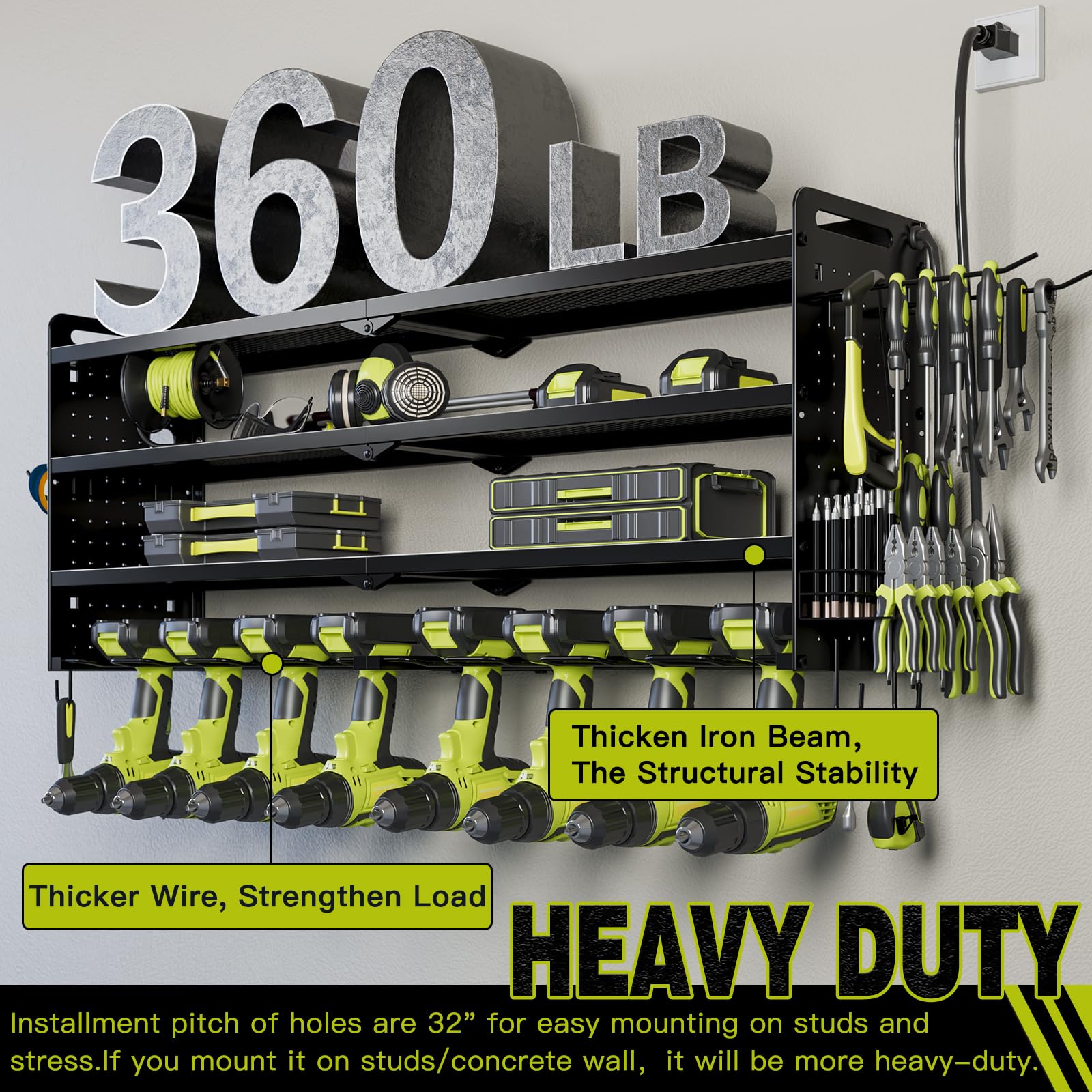 Wall Mounted Power Tool Organizer with Charging Station - 8 Drill Holder & 4 Layer Storage Rack for Garage Organization - Includes 8 Outlet Power Strip (Black) | Perfect for Workshop, Garage & DIY Projects