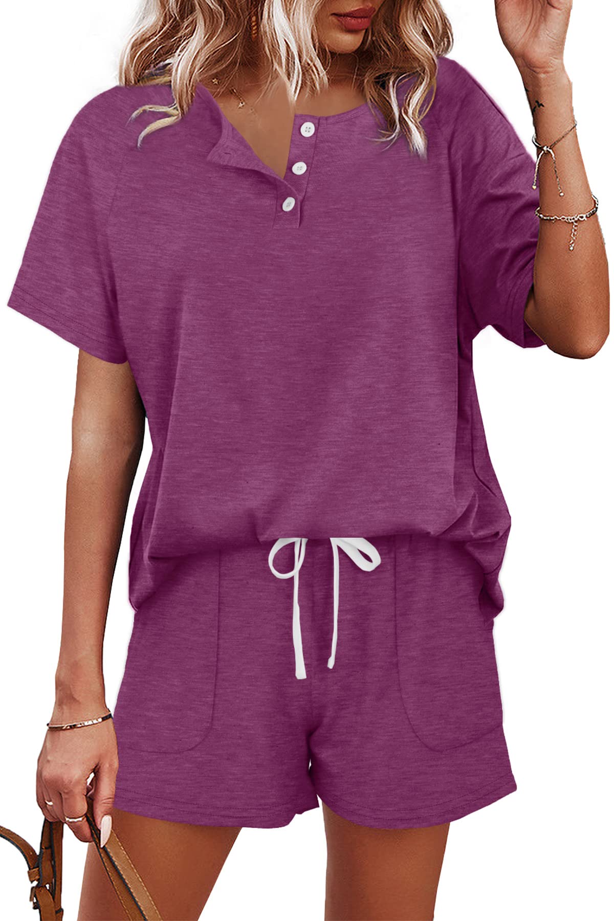 WIHOLL Women's 2-Piece Lounge Set - Button Down Top & Shorts with Pockets | Comfortable Sweatsuit for Home, Travel & Casual Wear