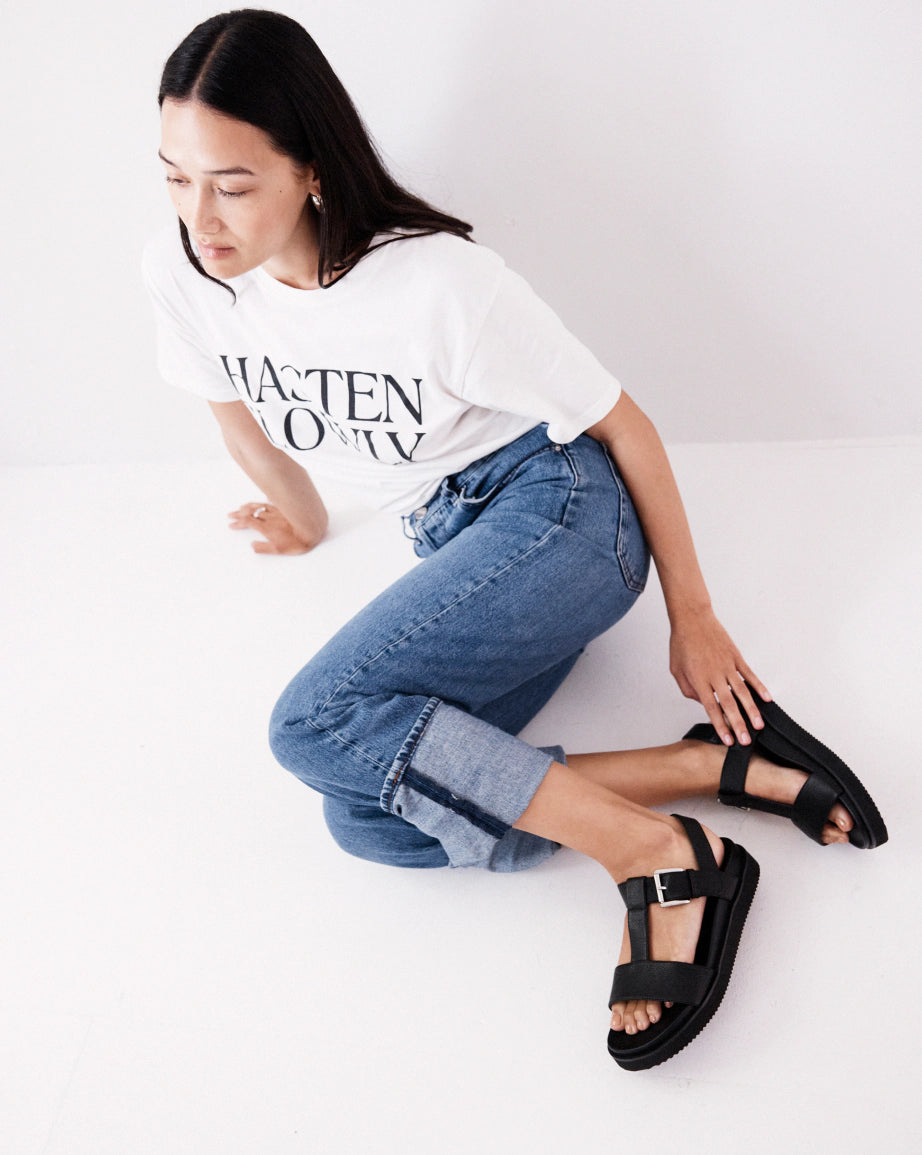 Declaration 2.0 Leather T-Bar Wedge Sandals in Black | Women's Comfortable Chunky Heel Shoes for Work, Party & Everyday Wear