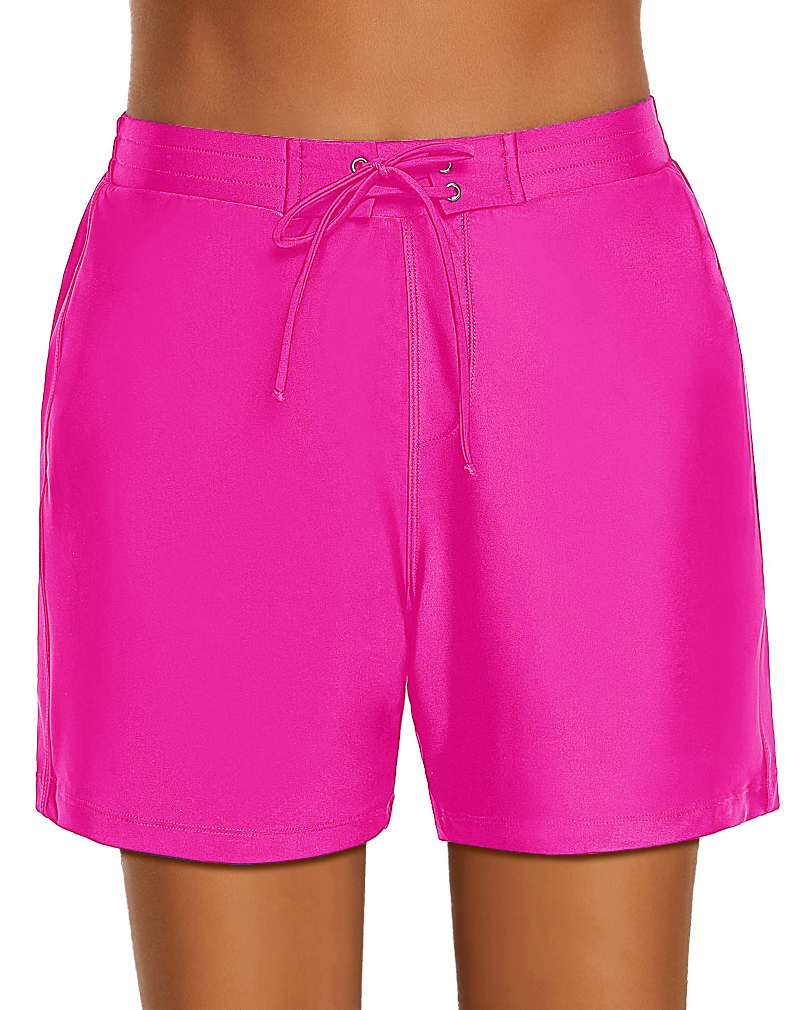 Stylish Women's Mid Waist Swim Shorts - Elastic Waist with Lace Up Detail - Long Board Shorts for Swimming & Beach Activities