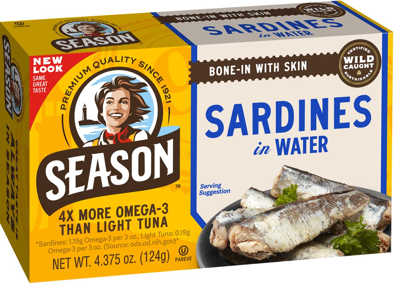 Wild Caught Season Sardines in Water - 22g Protein, High in Omega-3 & Calcium, Keto & Paleo Friendly Canned Fish - More Omega-3s Than Tuna - 4.37oz Tins (12-Pack) - Perfect for Salads, Snacks & Healthy Meal Prep