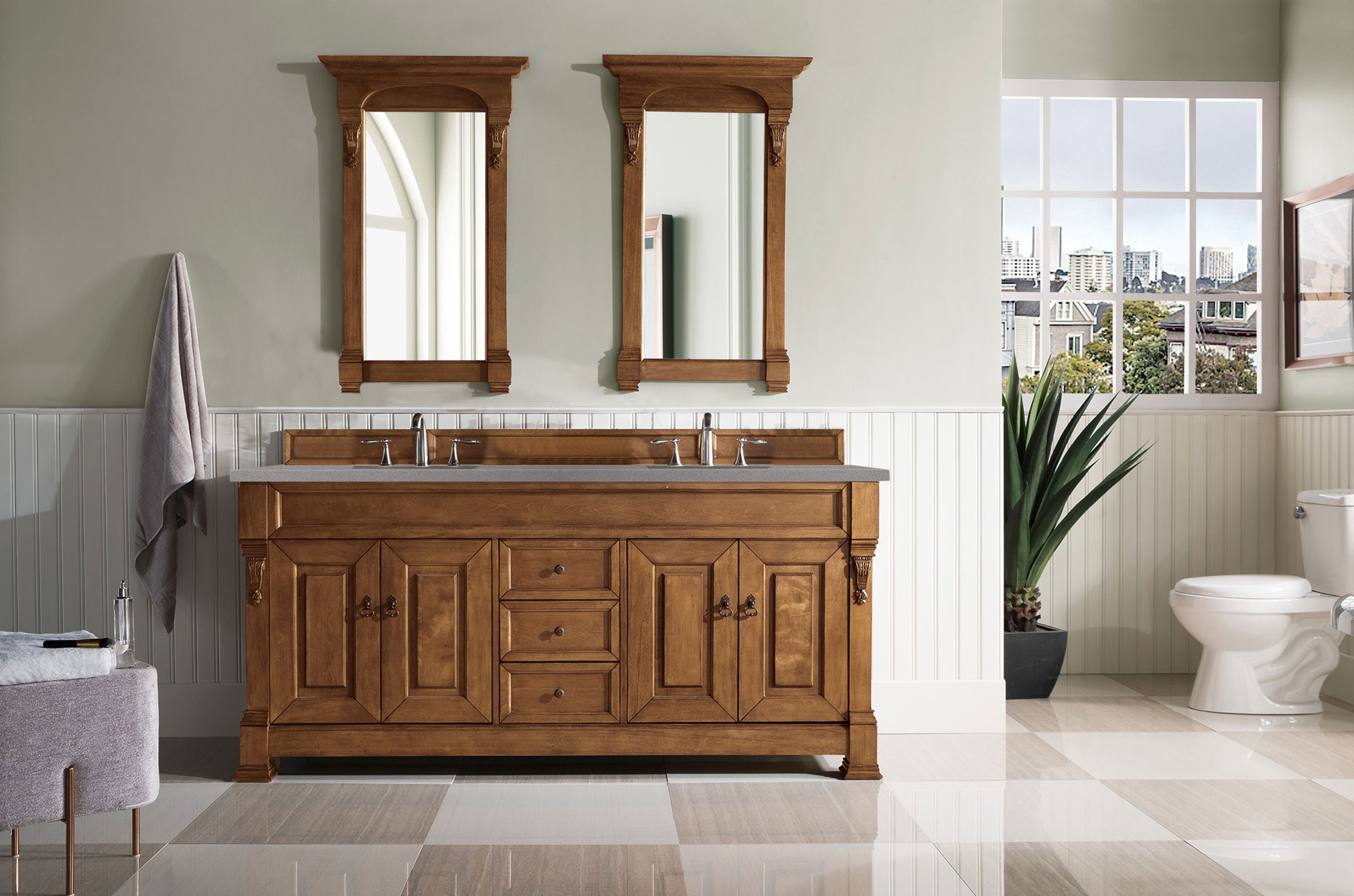 Brookfield 72-Inch Double Vanity Bathroom Sink with Country Oak Cabinets & 3CM Grey Expo Quartz Countertop – Perfect for Master Bathroom & Modern Farmhouse Style