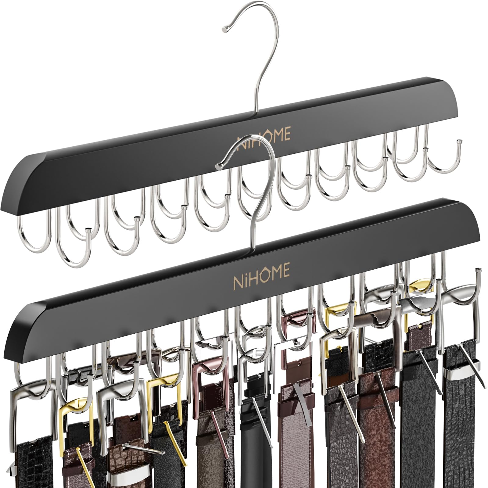 NiHome Rotating Double-Row Hooks Belt Hanger Rack with 20 Stainless Steel Hooks - Space-Saving Bra Organizer for Lingerie, Scarves, Ties & More - Closet Organizer for Bedroom, Bathroom & Laundry Room - Black (2 Pack)