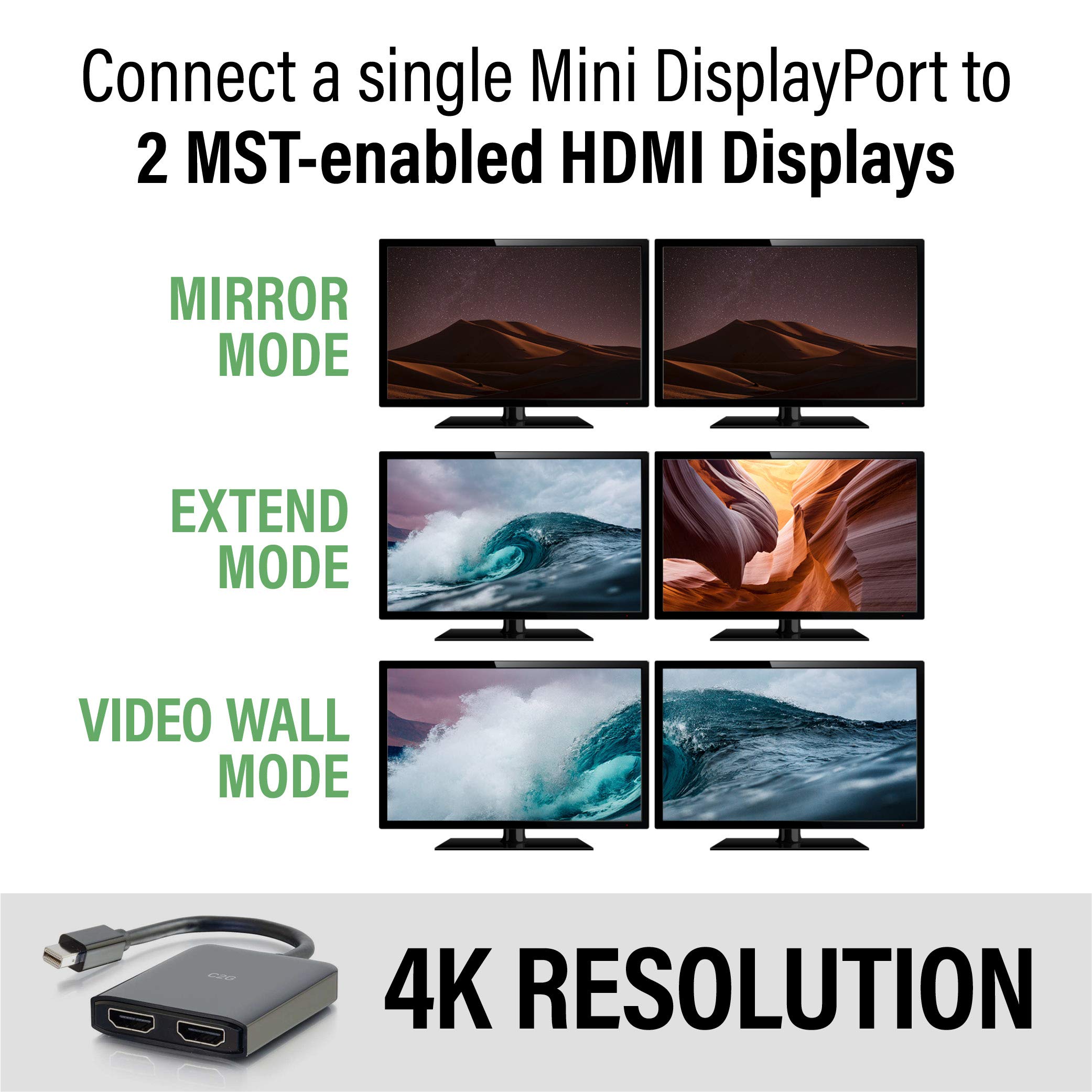 C2G Mini DisplayPort to HDMI 4K Monitor Splitter with 2 Ports & USB Power - MST Support (Not Mac Compatible) - Ideal for Multi-Screen Office Setup & Home Theater Systems - Cables To Go 54292
