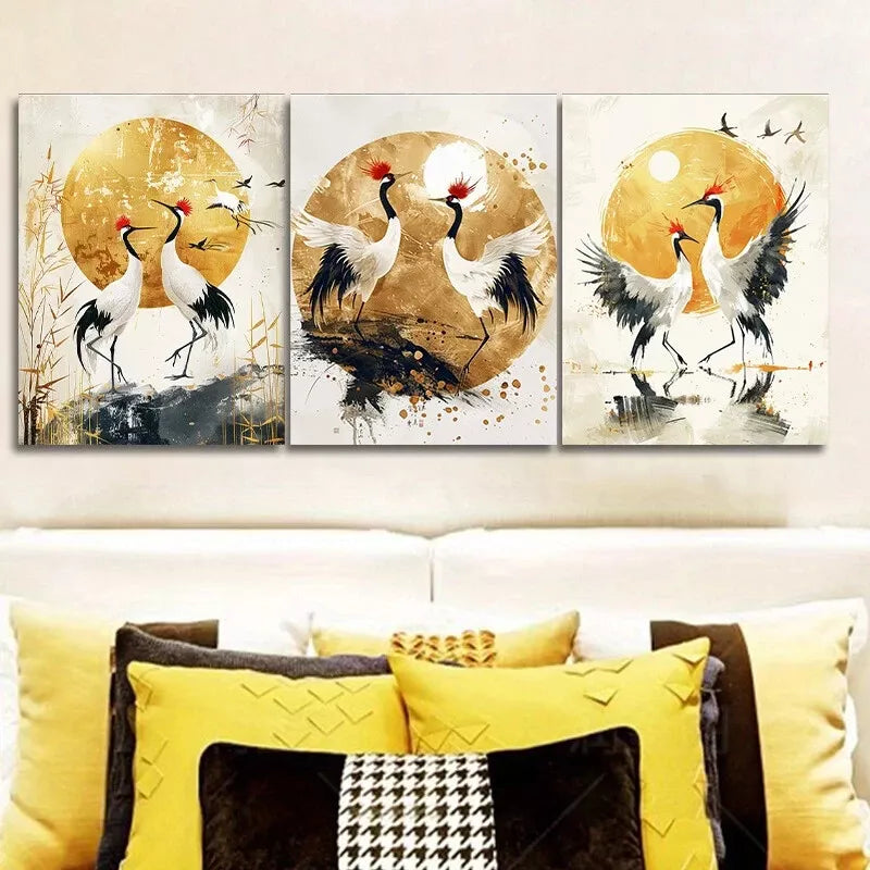 3pcs Golden Cranes Modern Contemporary Style Wall Art Set - Framed Canvas 50x70cm - High Quality Print - 100% Australian Made - Ready to Hang - Perfect for Living Room, Bedroom & Office Decor