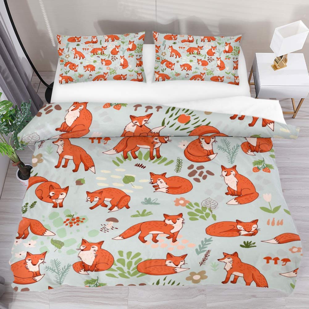 AISSO Printed Duvet Cover Set - Cute Orange Fox with Leaves Retro Design, Super Soft Microfiber 3-Piece Bedding Set for Twin XL Bed, Home, Hotel & RV Decor - Perfect for Cozy Bedrooms, Guest Rooms and Travel Adventures
