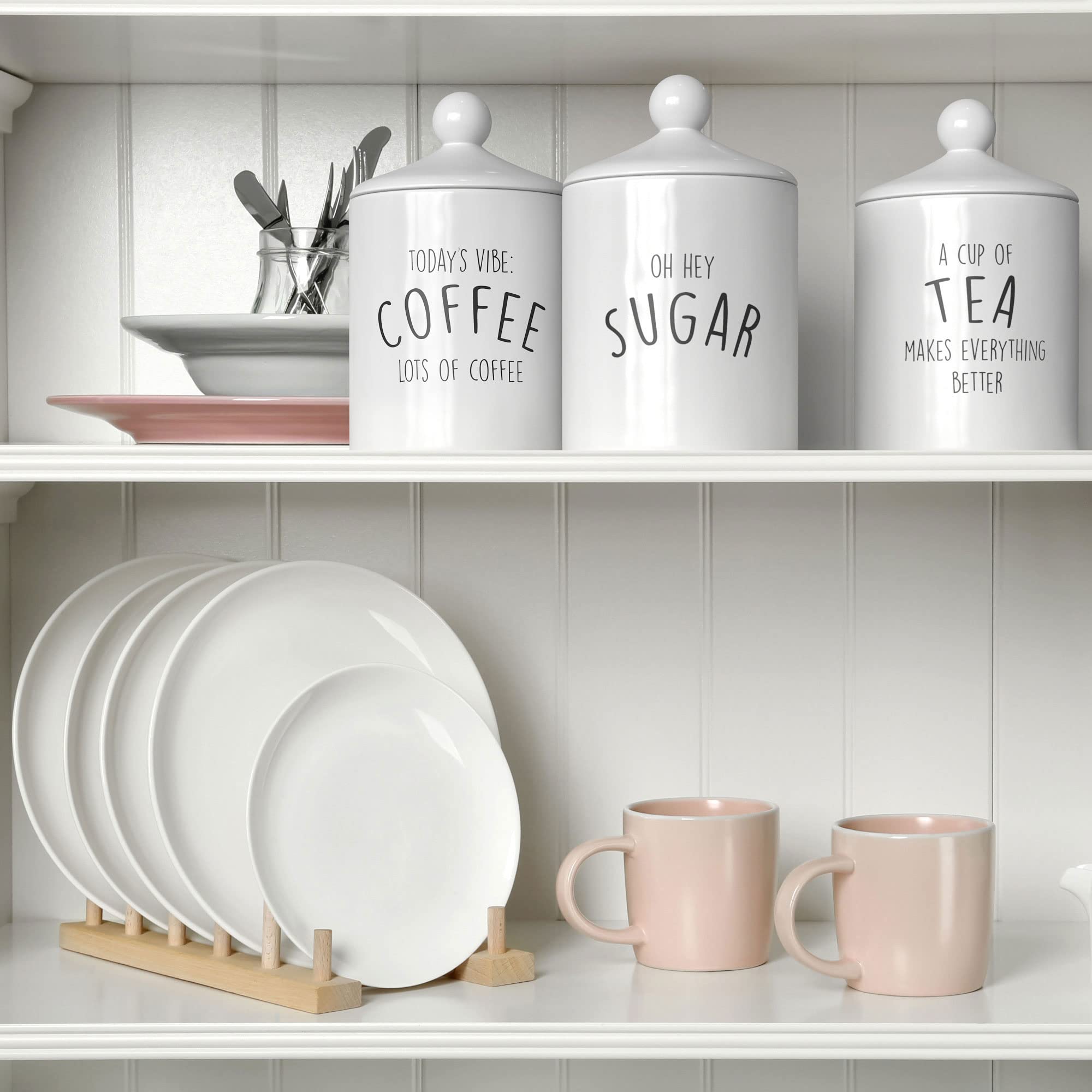 Barnyard Designs Ceramic Kitchen Canister Set – Farmhouse Style Coffee, Tea & Sugar Storage Containers, Rustic Countertop Jars for Kitchen Organization (White, 3-Piece Set) – Perfect for Coffee Stations, Pantry Storage & Farmhouse Decor
